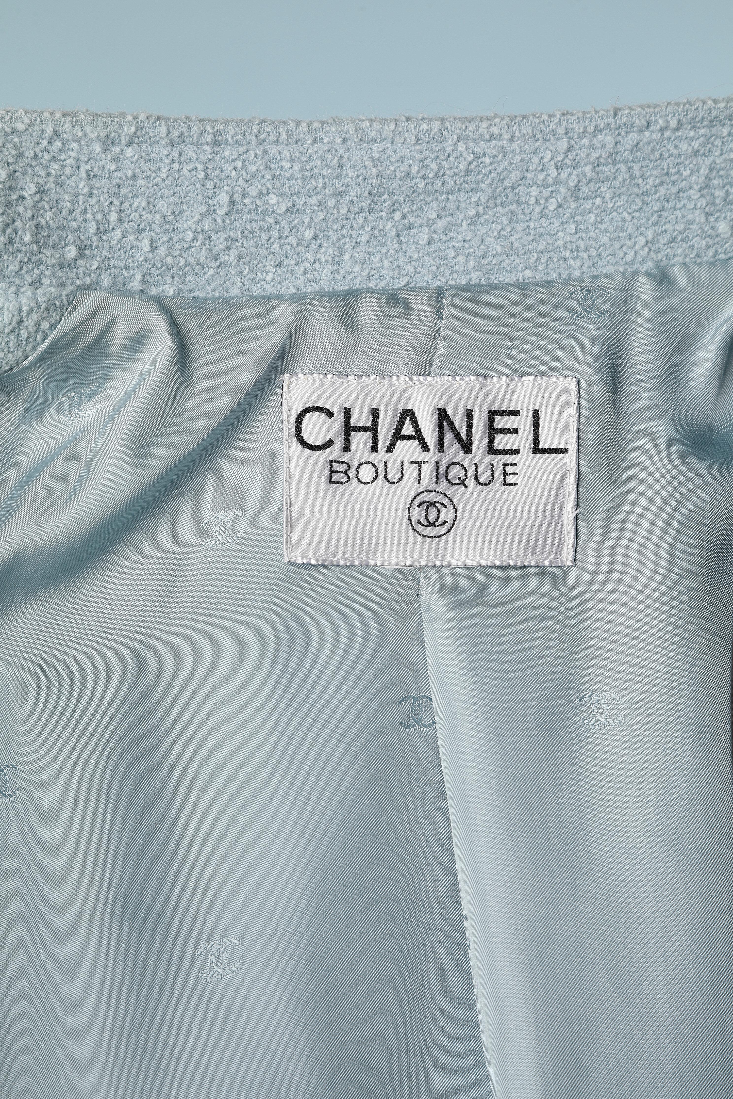 Pale blue wool bouclette skirt suit  with branded buttons Chanel Boutique  For Sale 1
