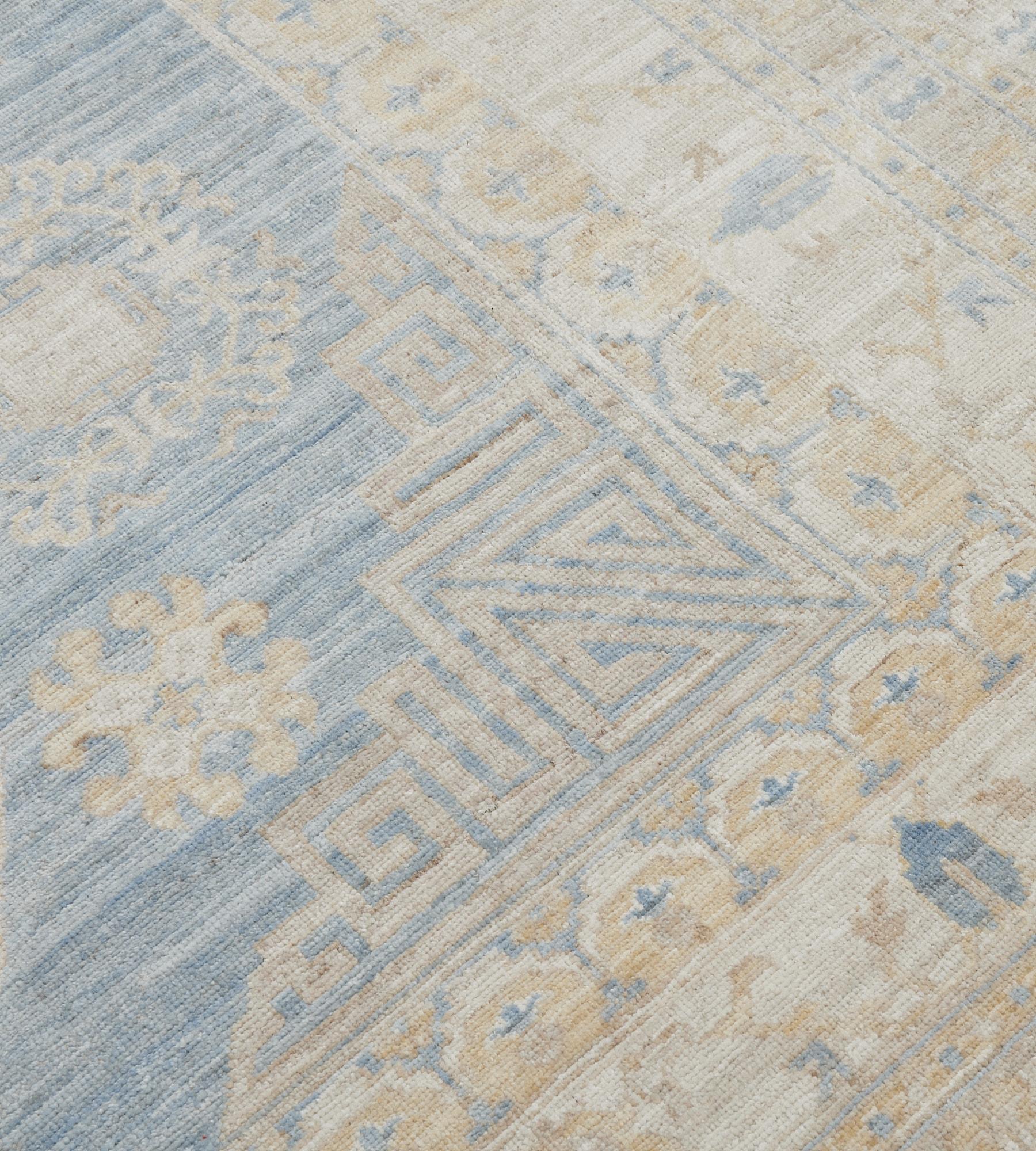 Hand-Knotted Pale-Blue Wool Handwoven Revival Khotan Rug For Sale