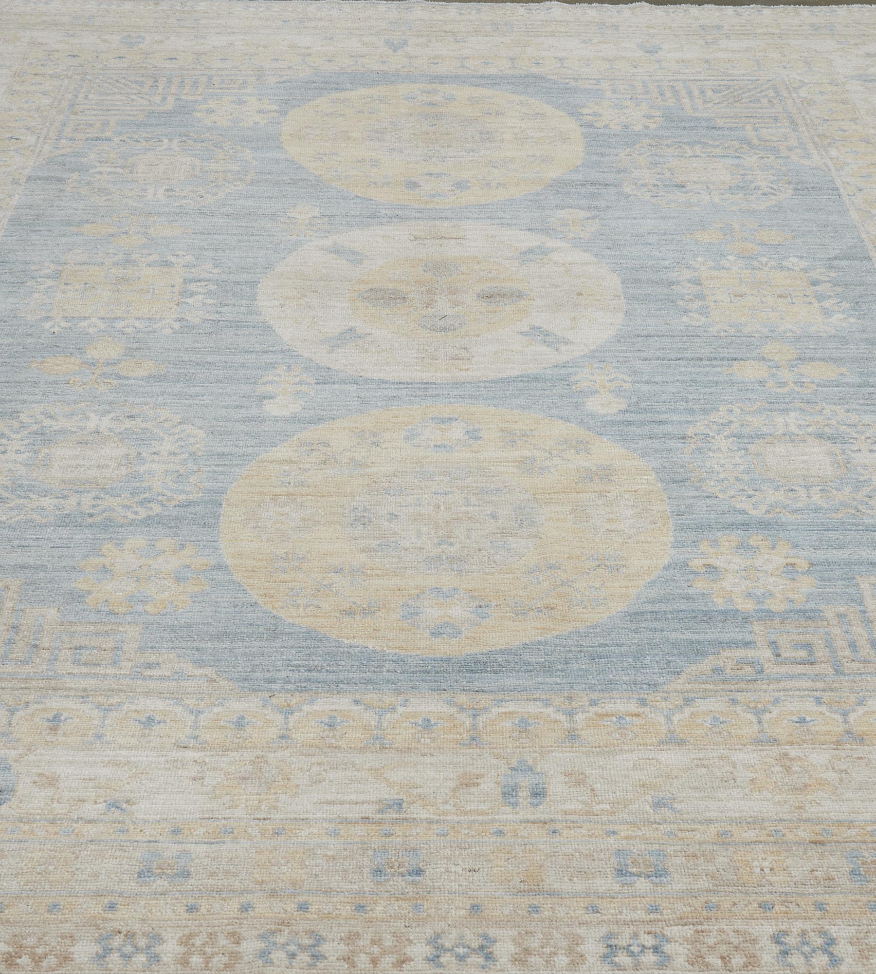 Pale-Blue Wool Handwoven Revival Khotan Rug In New Condition For Sale In West Hollywood, CA