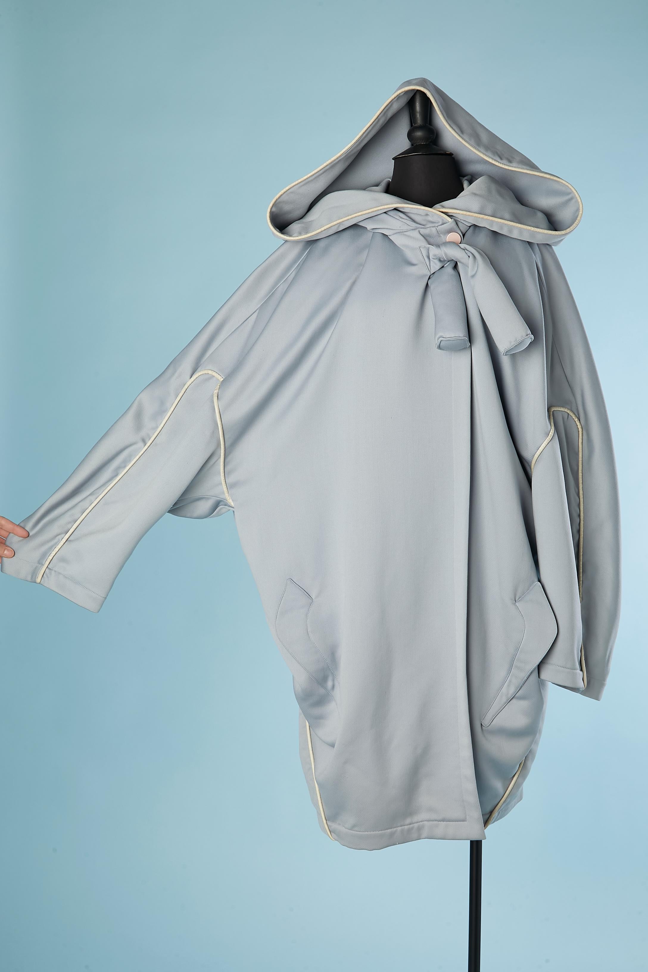 Gray Pale blue wool oversize coat with hood and leather piping Thierry Mugler  For Sale