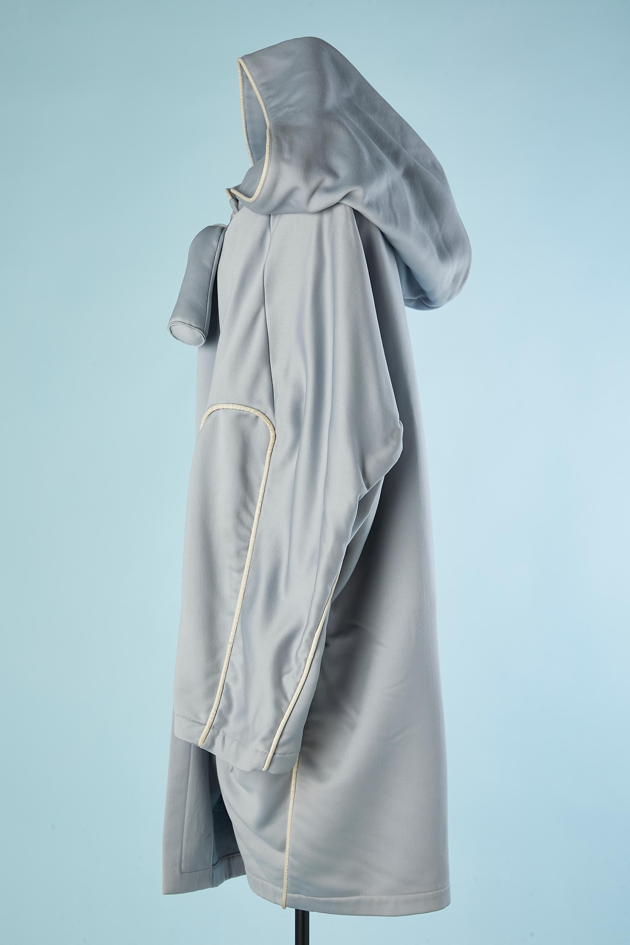 Women's Pale blue wool oversize coat with hood and leather piping Thierry Mugler  For Sale