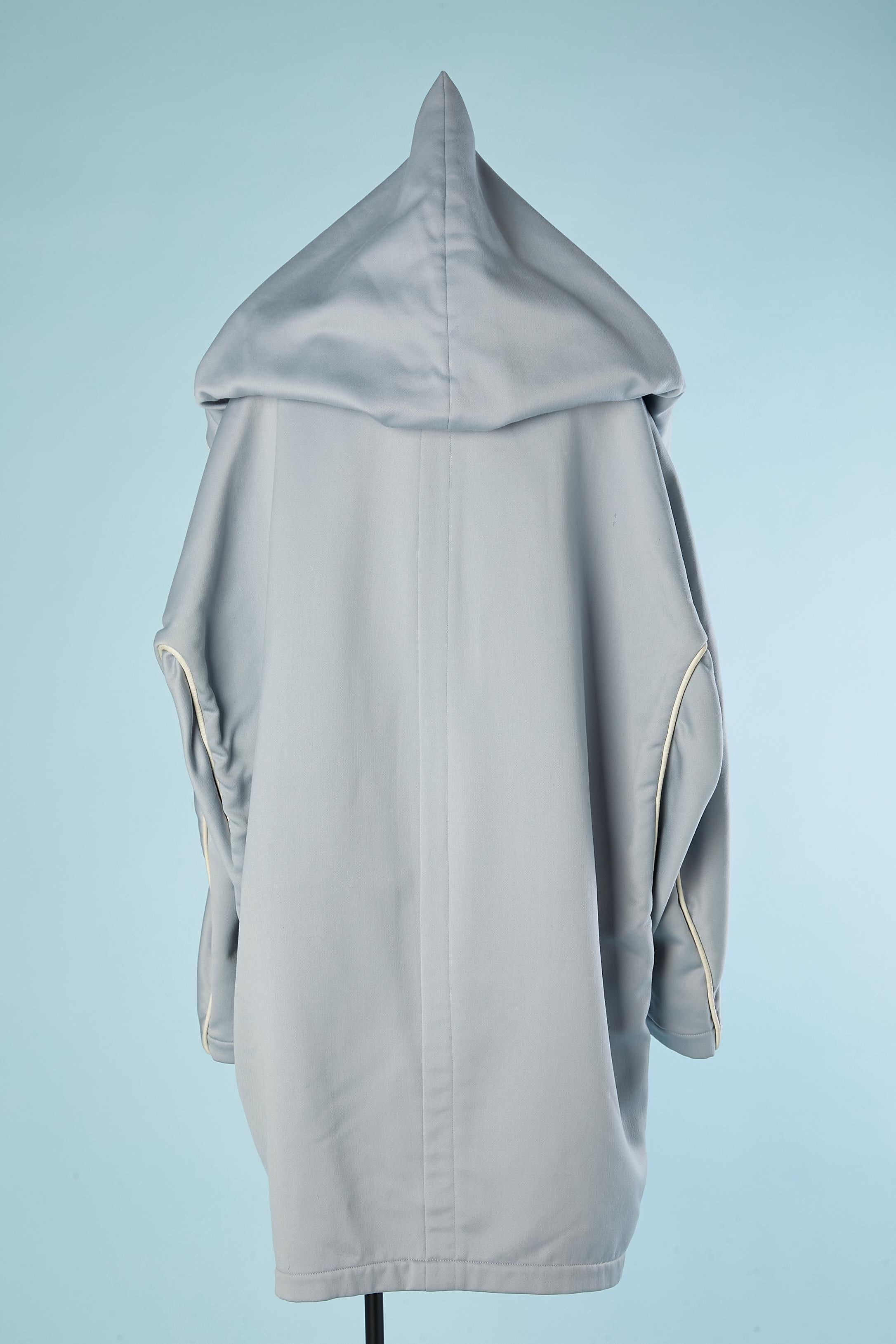 Pale blue wool oversize coat with hood and leather piping Thierry Mugler  For Sale 1