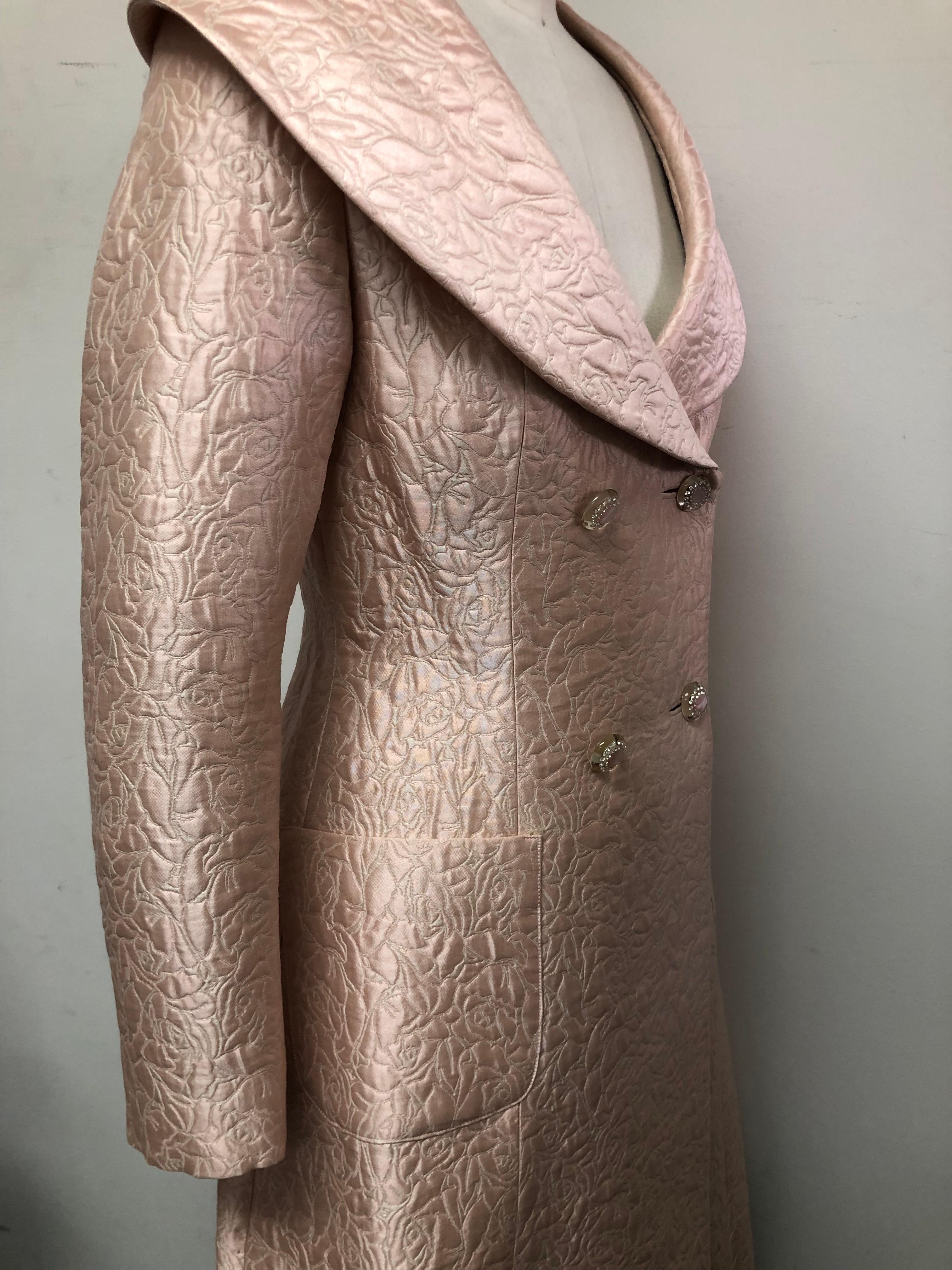 Pale Blush Matelasse Portrait Collar Double Breasted Coat with Diamonte Buttons In New Condition In Los Angeles, CA