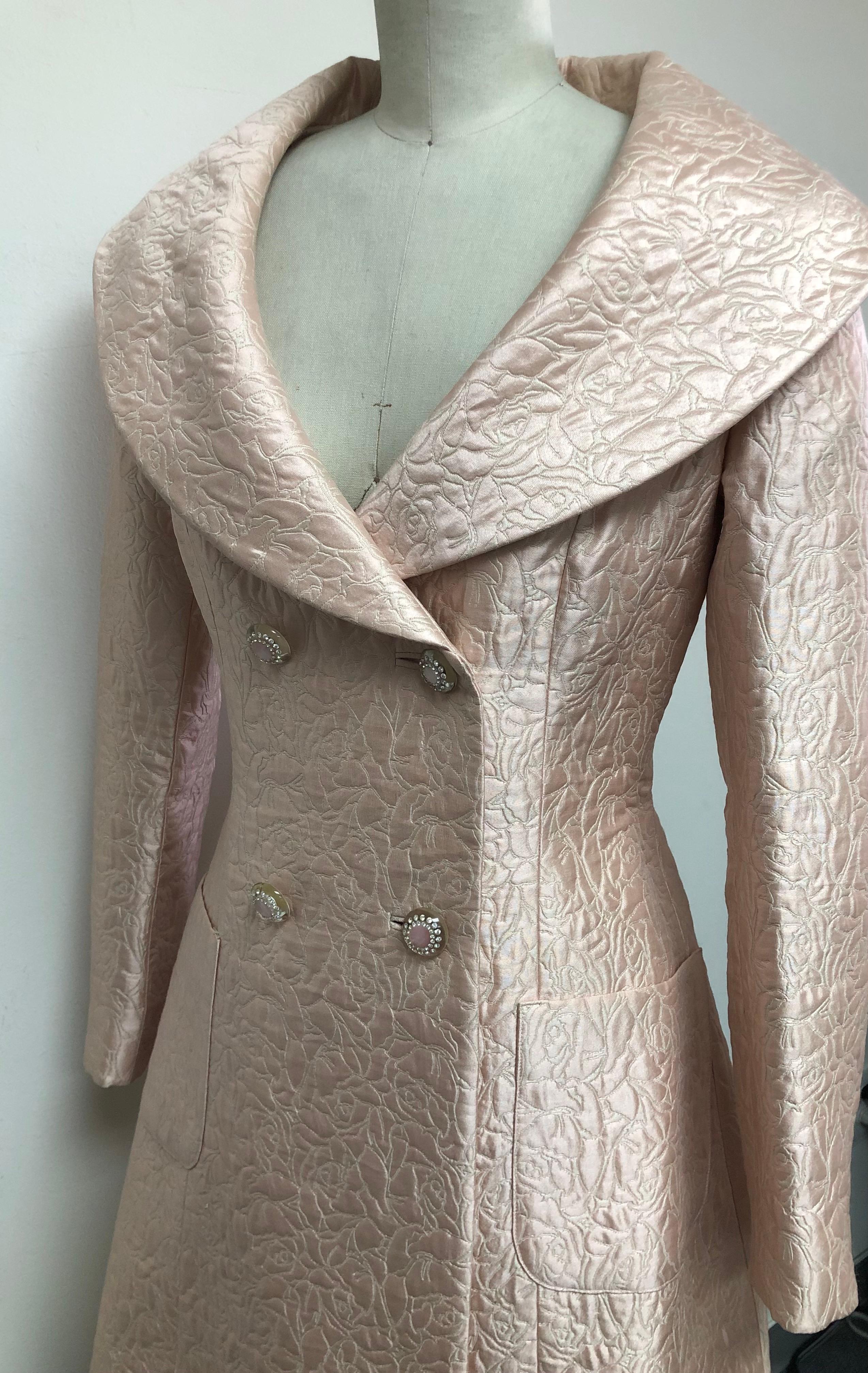 Women's Pale Blush Matelasse Portrait Collar Double Breasted Coat with Diamonte Buttons