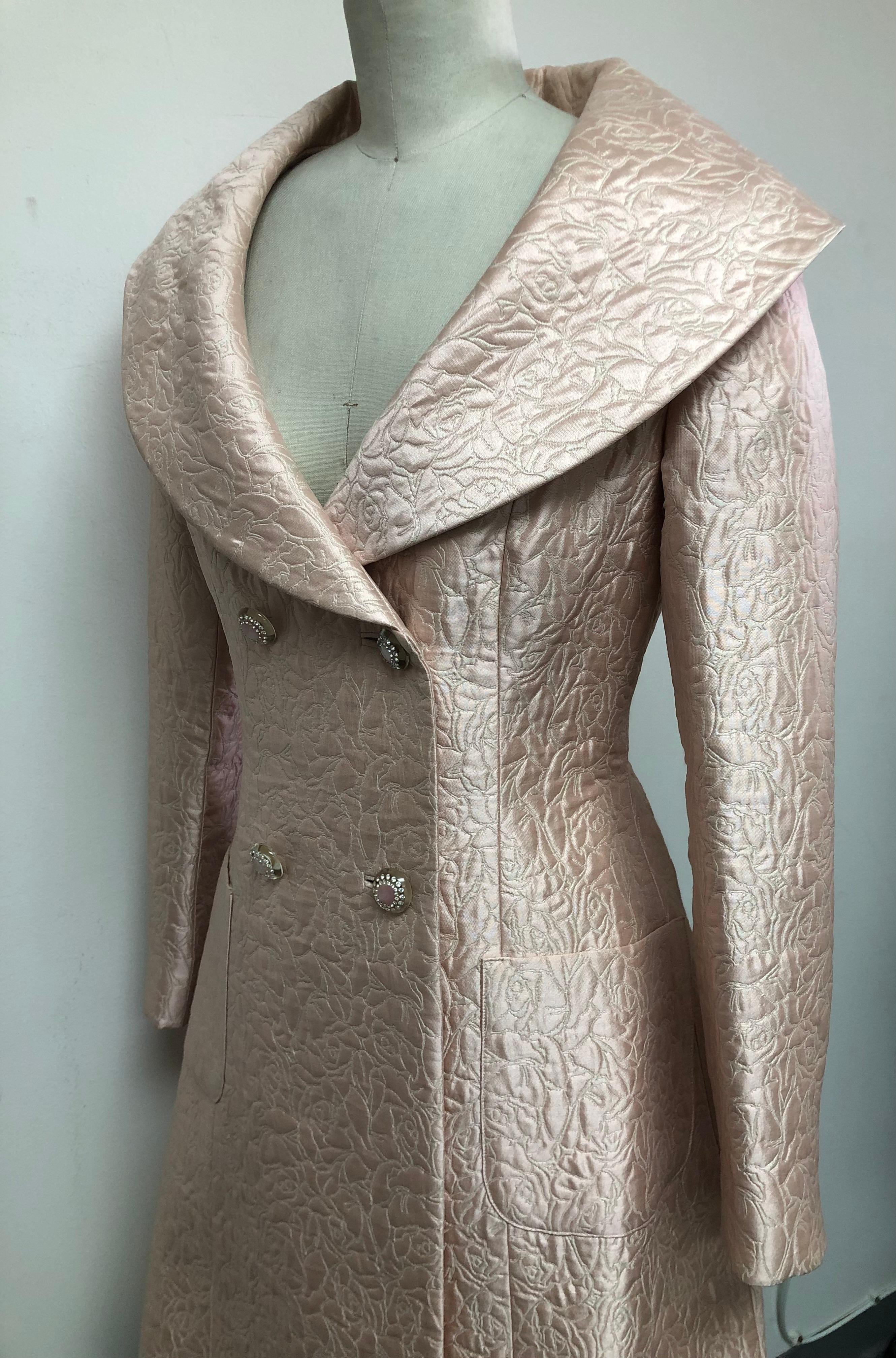 Pale Blush Matelasse Portrait Collar Double Breasted Coat with Diamonte Buttons 1