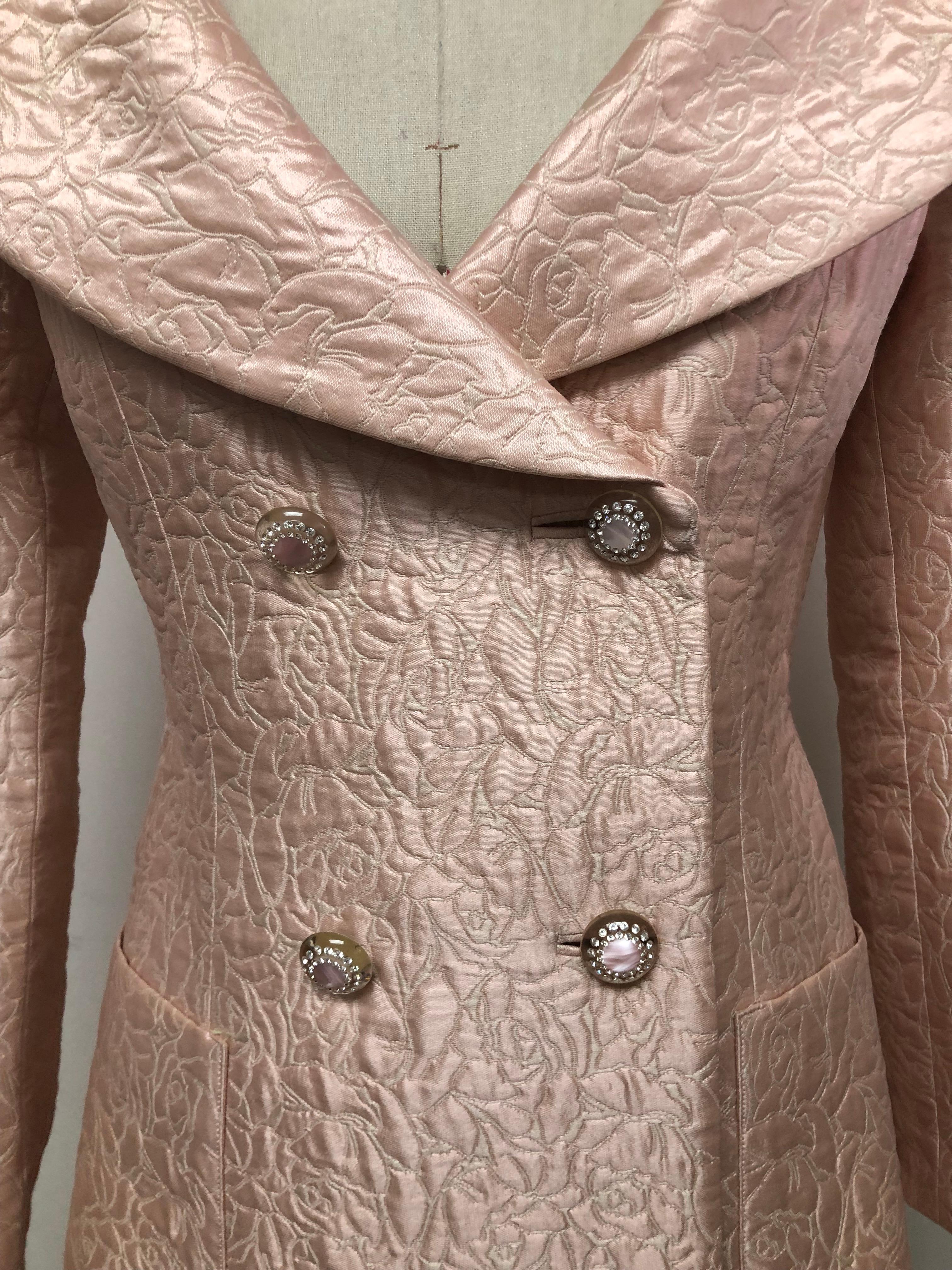 Pale Blush Matelasse Portrait Collar Double Breasted Coat with Diamonte Buttons 2