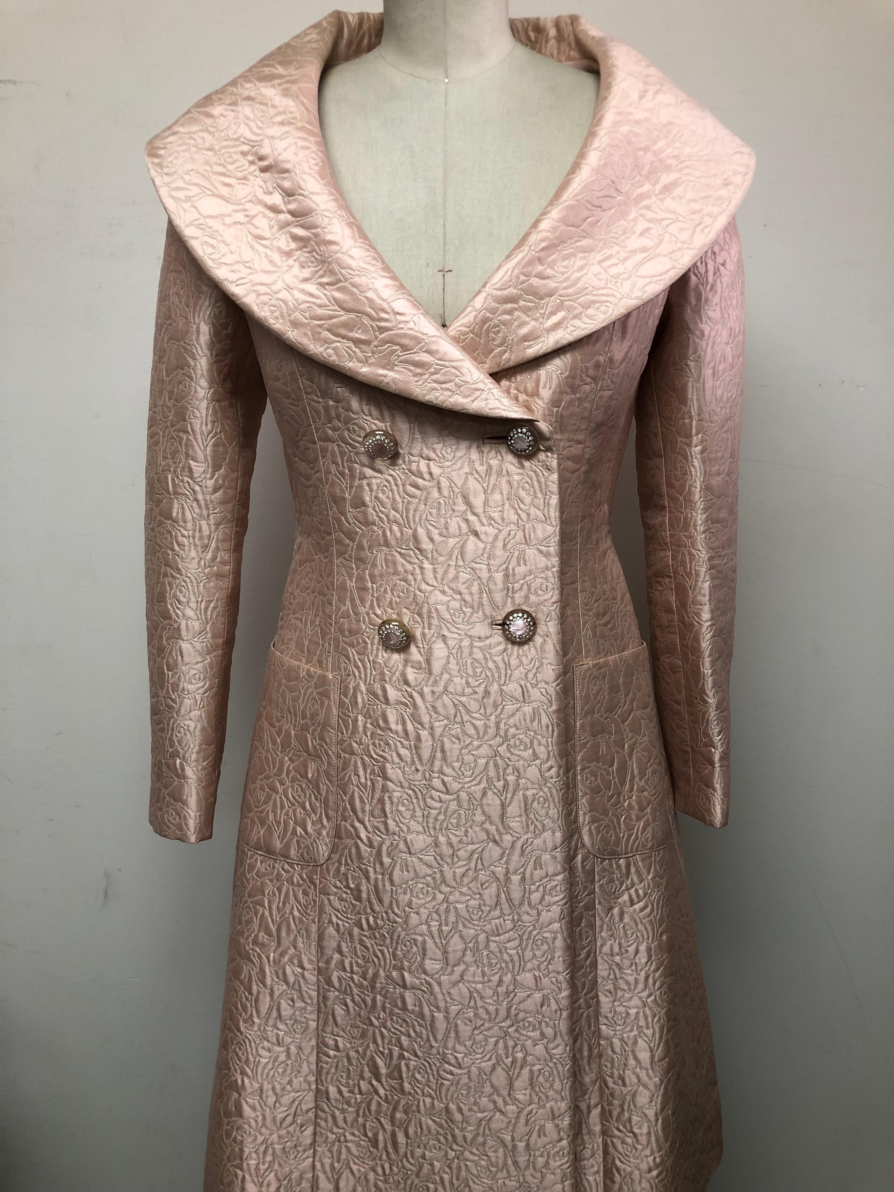 Pale Blush Matelasse Portrait Collar Double Breasted Coat with Diamonte Buttons 3