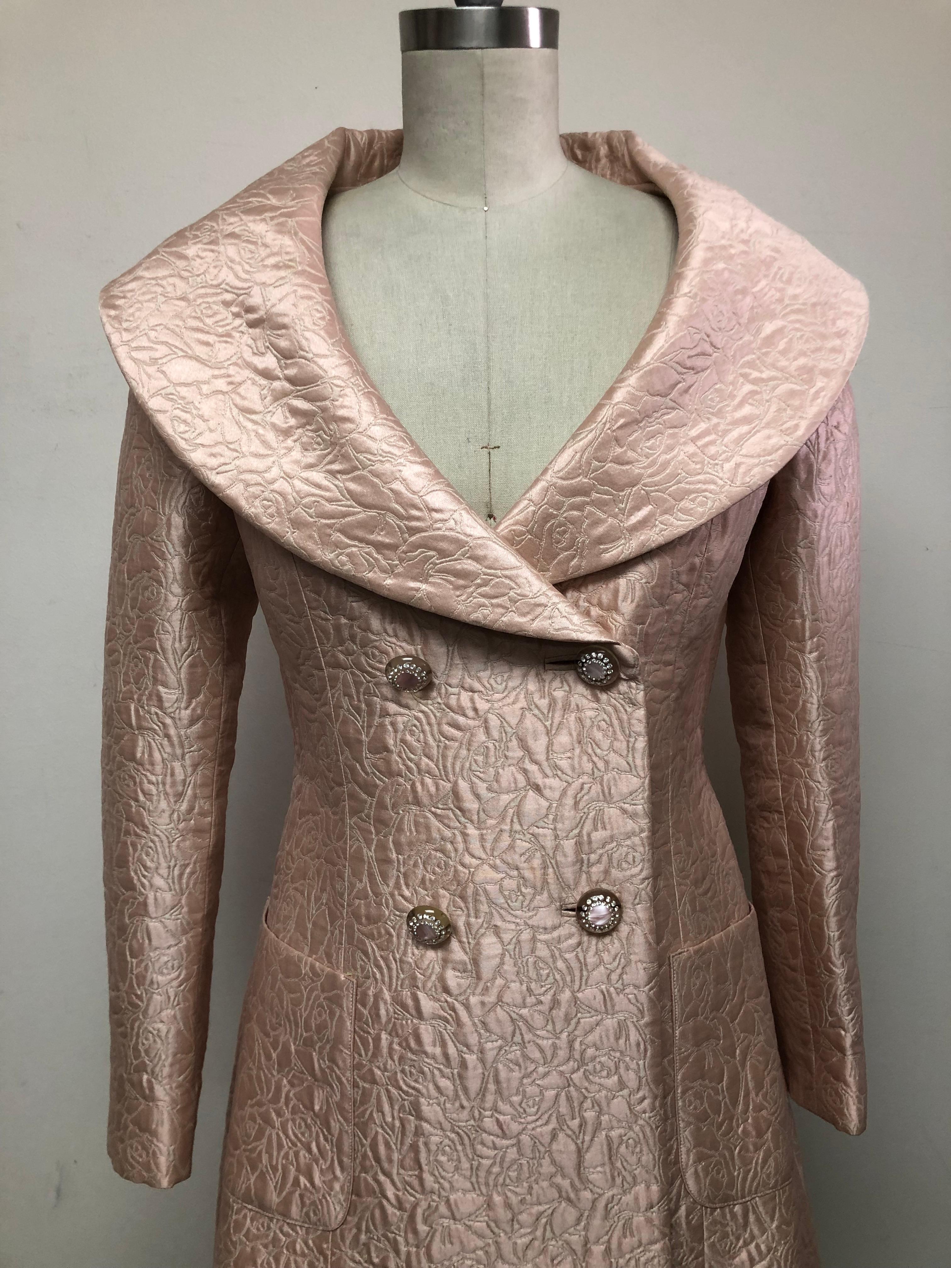 Pale Blush Matelasse Portrait Collar Double Breasted Coat with Diamonte Buttons 4