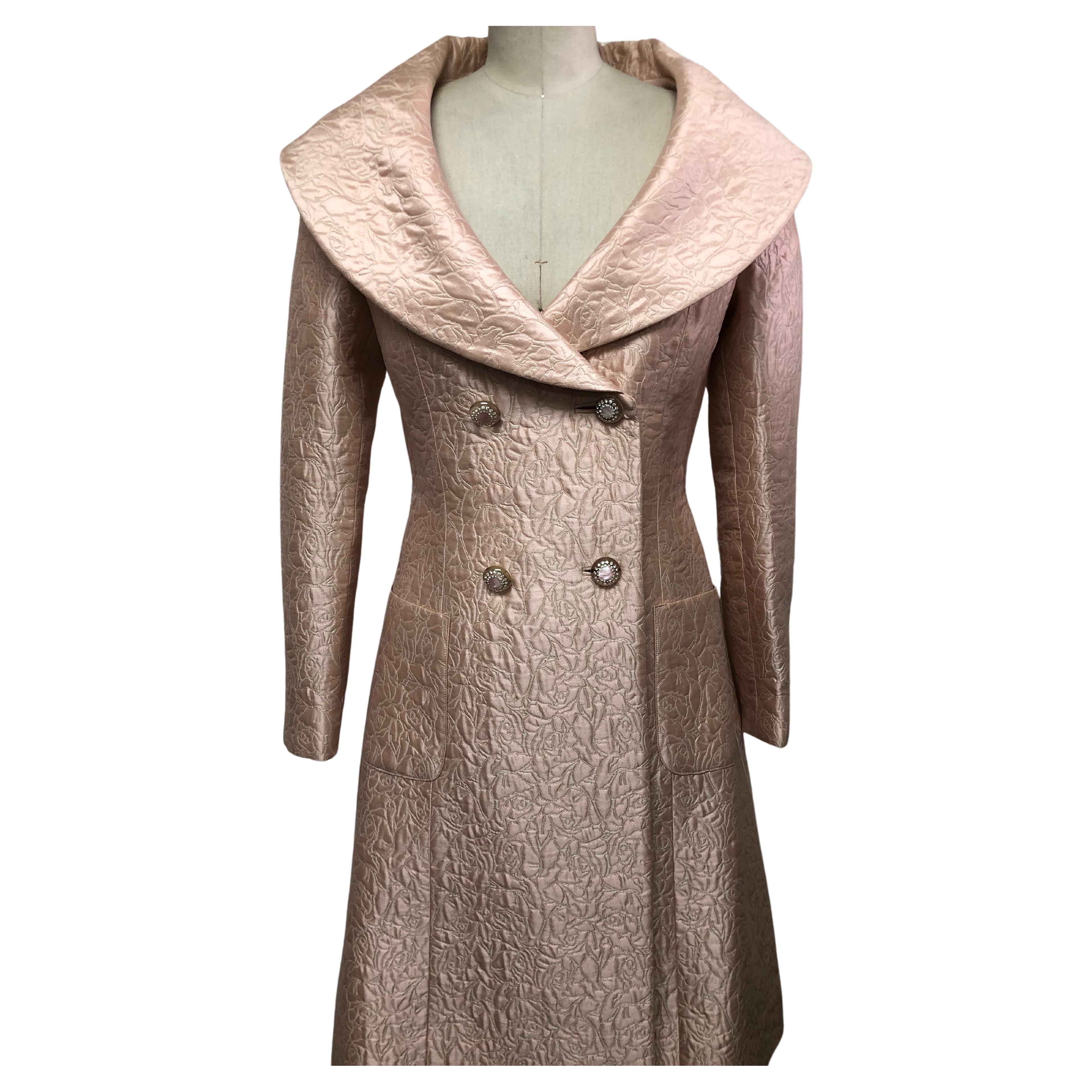 Pale Blush Matelasse Portrait Collar Double Breasted Coat with Diamonte Buttons