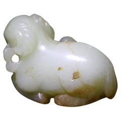 Pale Celadon and Russet Jade Ram with Lingzhi, Ming Dynasty 