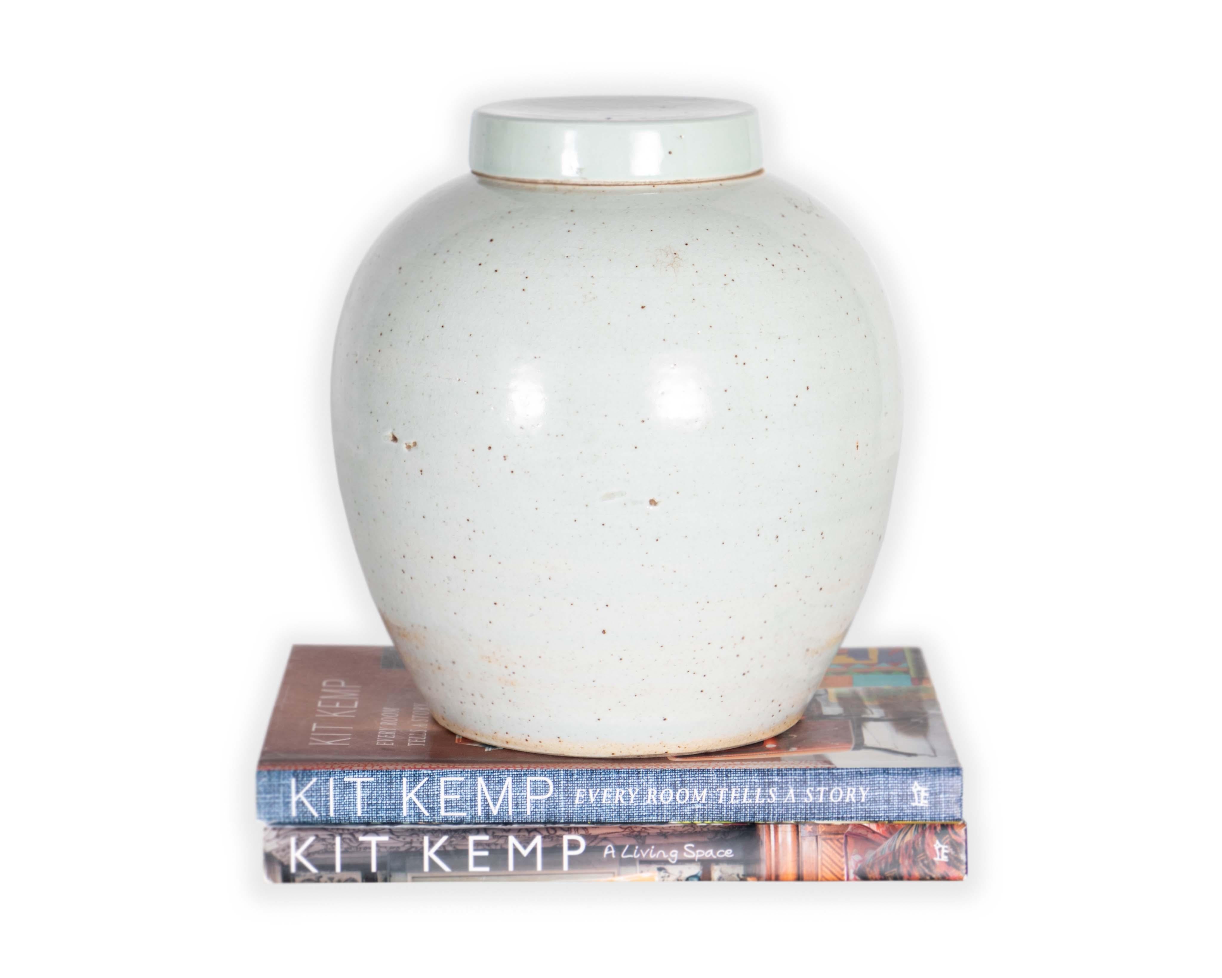 Contemporary Pale Celadon Crackle Glaze Vase with Lid