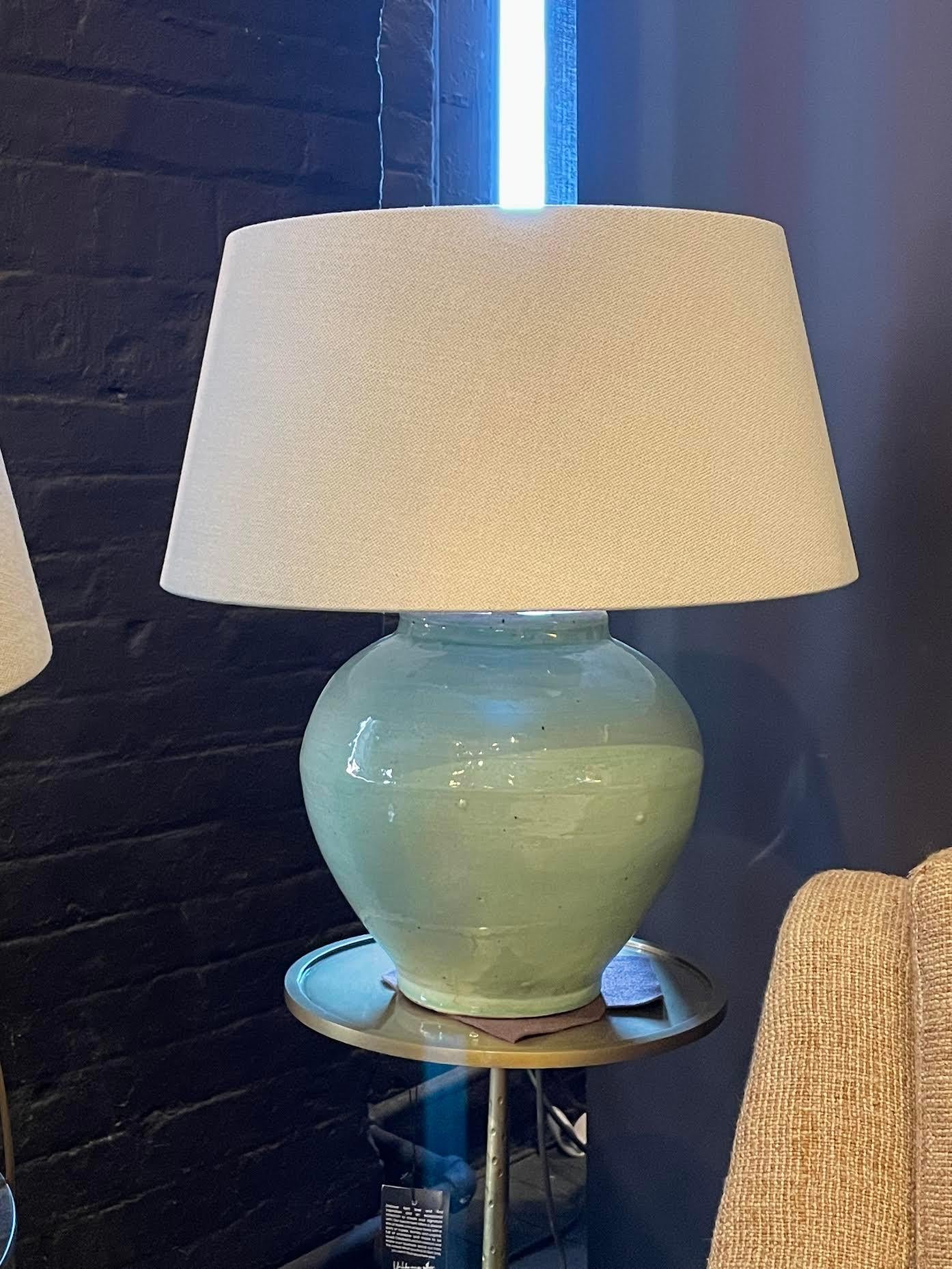 Pale Celadon Glaze Ceramic Pair Of Lamps, China, Contemporary In New Condition In New York, NY