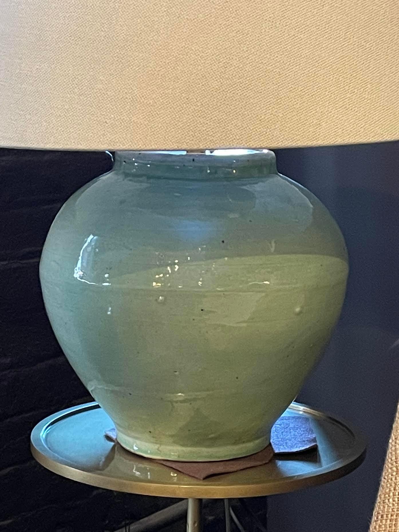 Pale Celadon Glaze Ceramic Pair Of Lamps, China, Contemporary 1