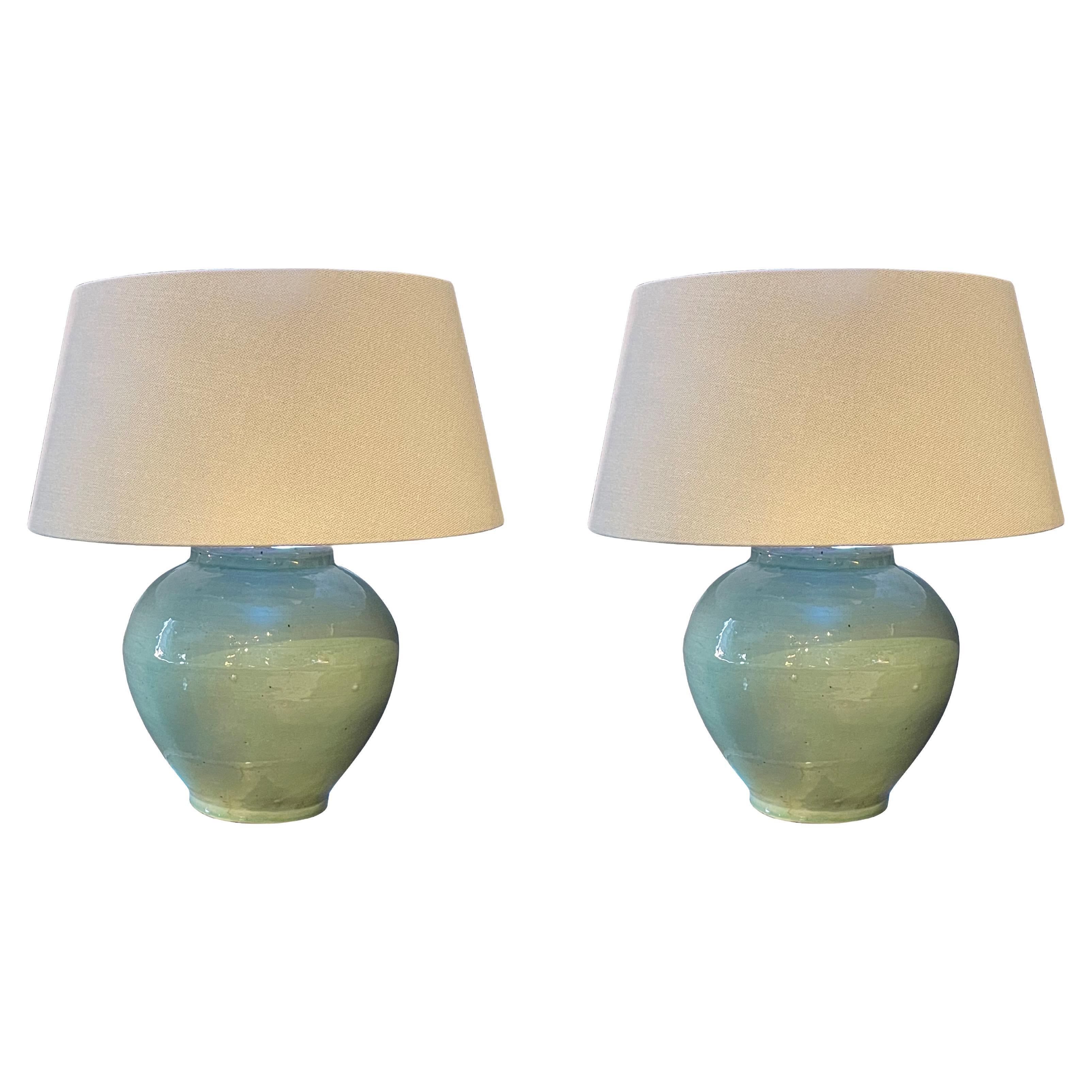 Pale Celadon Glaze Ceramic Pair Of Lamps, China, Contemporary