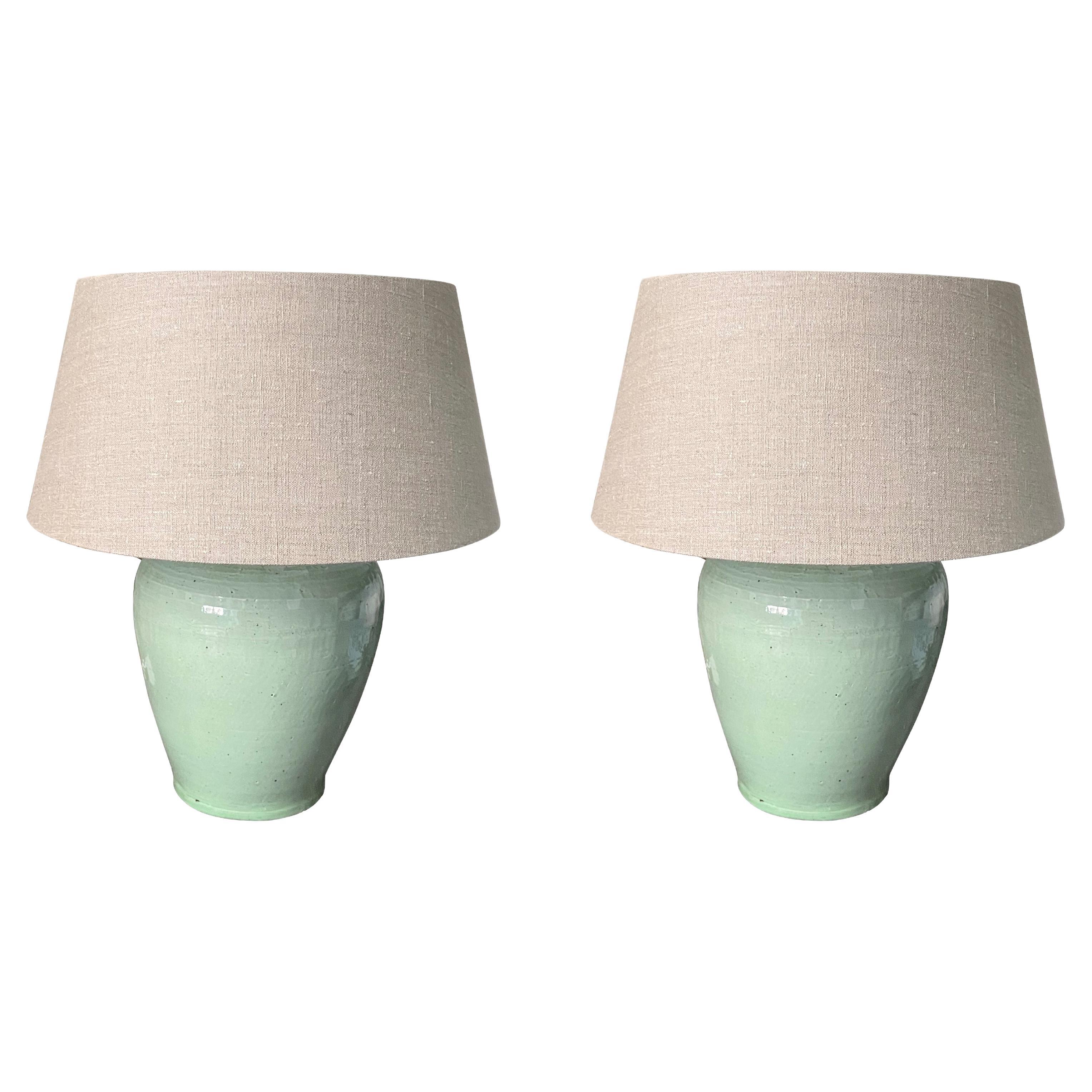 Pale Celadon Pair of Ceramic Lamps, China, Contemporary For Sale