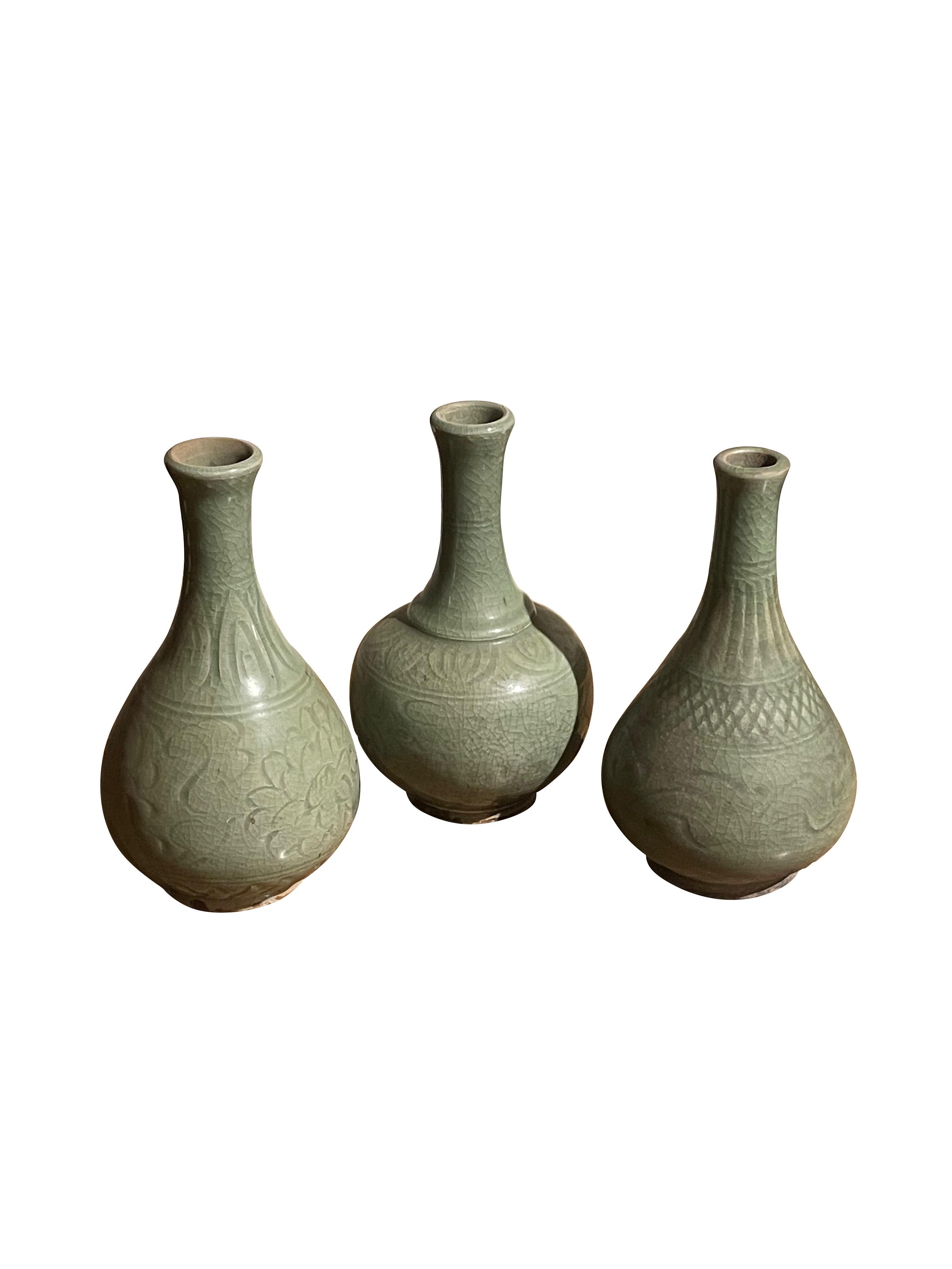 Pale Celedon Decorative Crisscross Patterned Vase, China, Contemporary For Sale 1