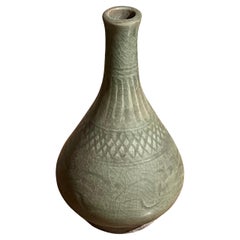 Pale Celedon Decorative Crisscross Patterned Vase, China, Contemporary