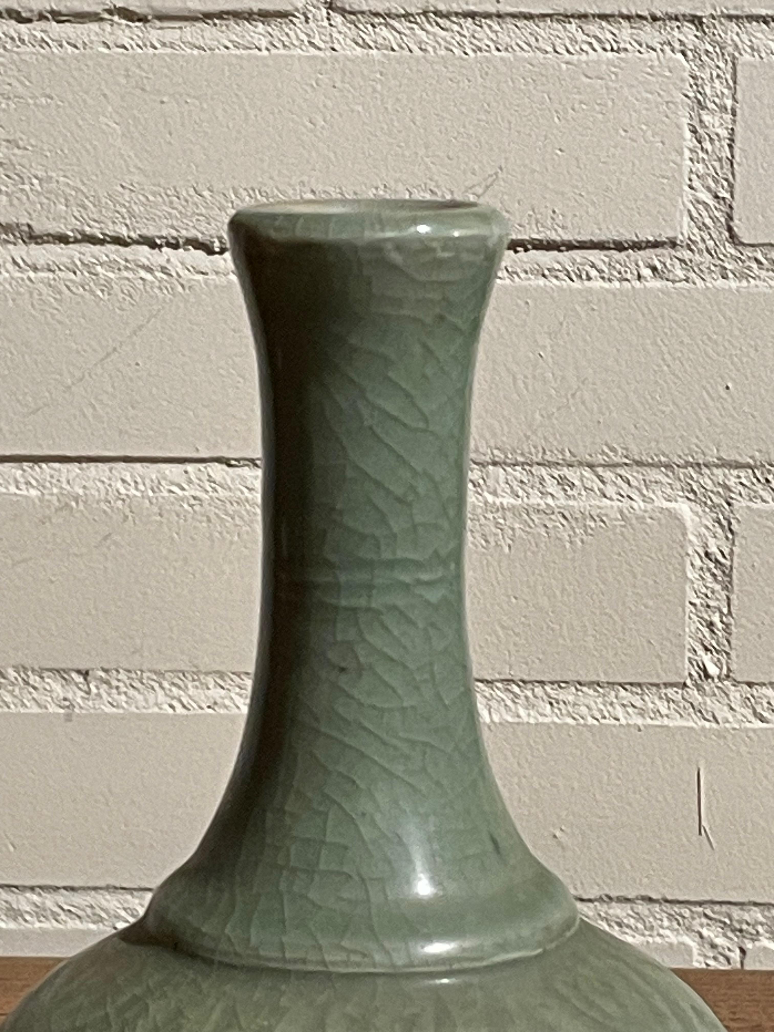 Chinese Pale Celedon Decorative Patterned Rounded Base Vase, China, Contemporary For Sale