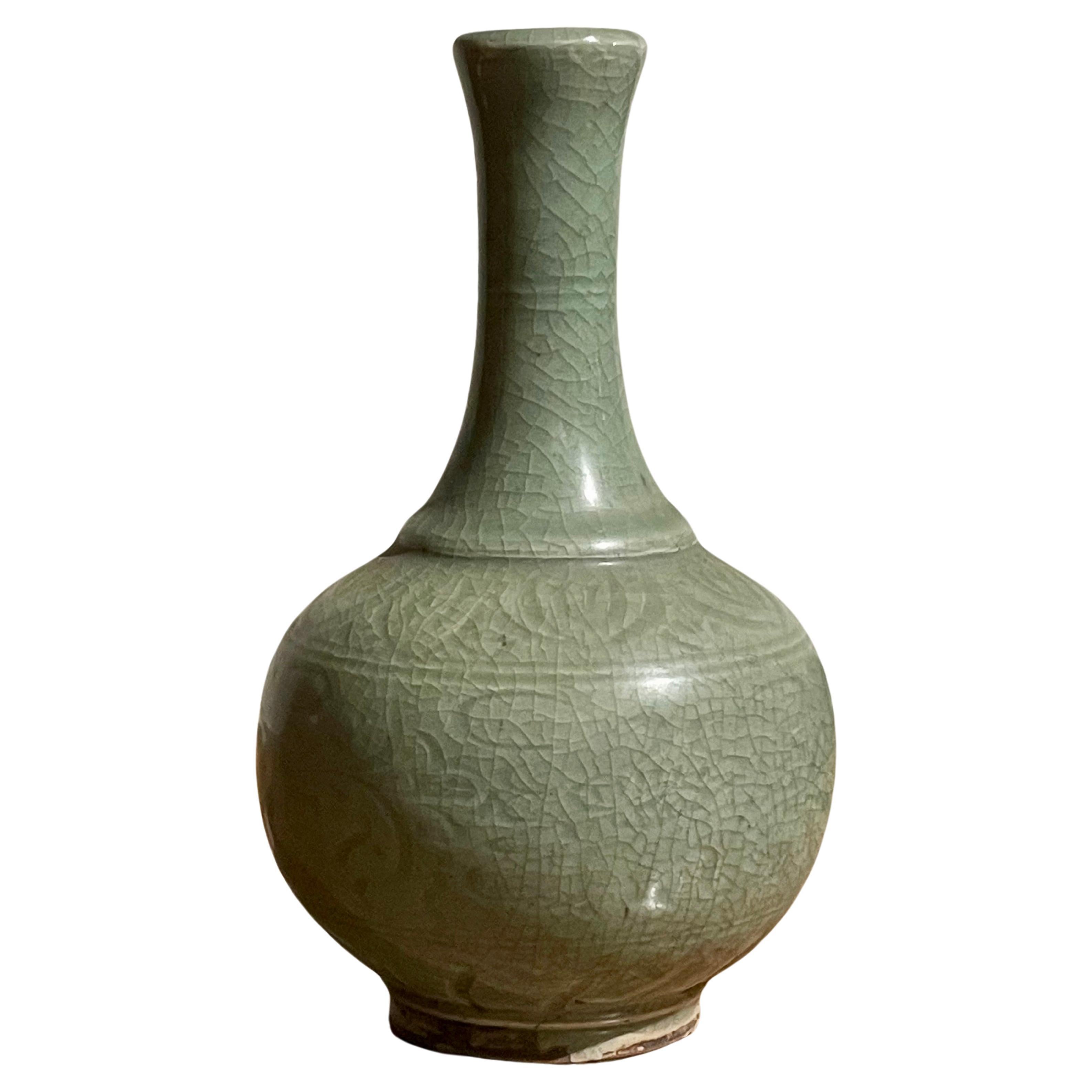 Pale Celedon Decorative Patterned Rounded Base Vase, China, Contemporary For Sale