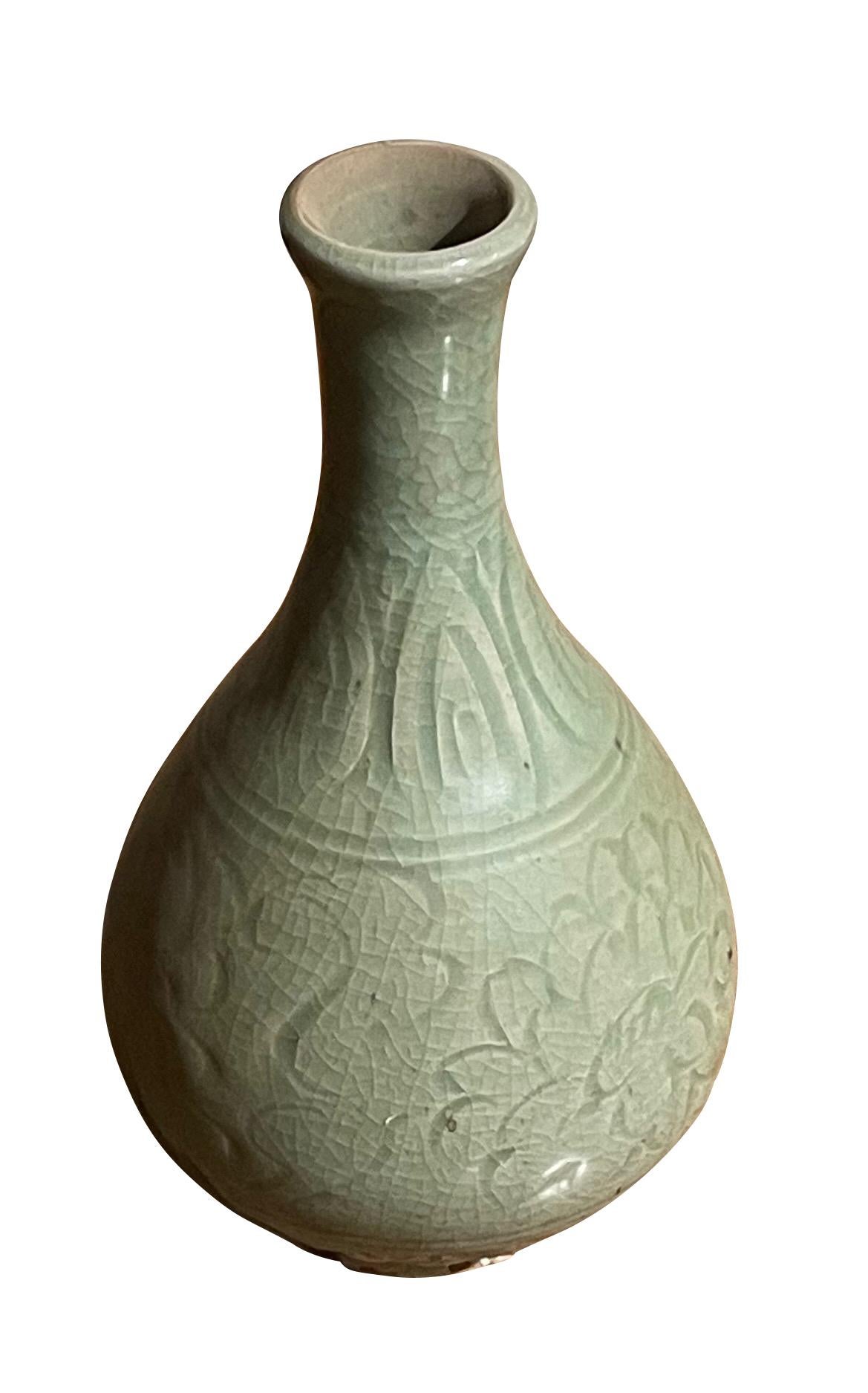 Contemporary Chinese pale celadon vase with decorative surface pattern.
Crackle finish glaze.
Slender neck with small opening.
From a large collection.
ARRIVING MARCH