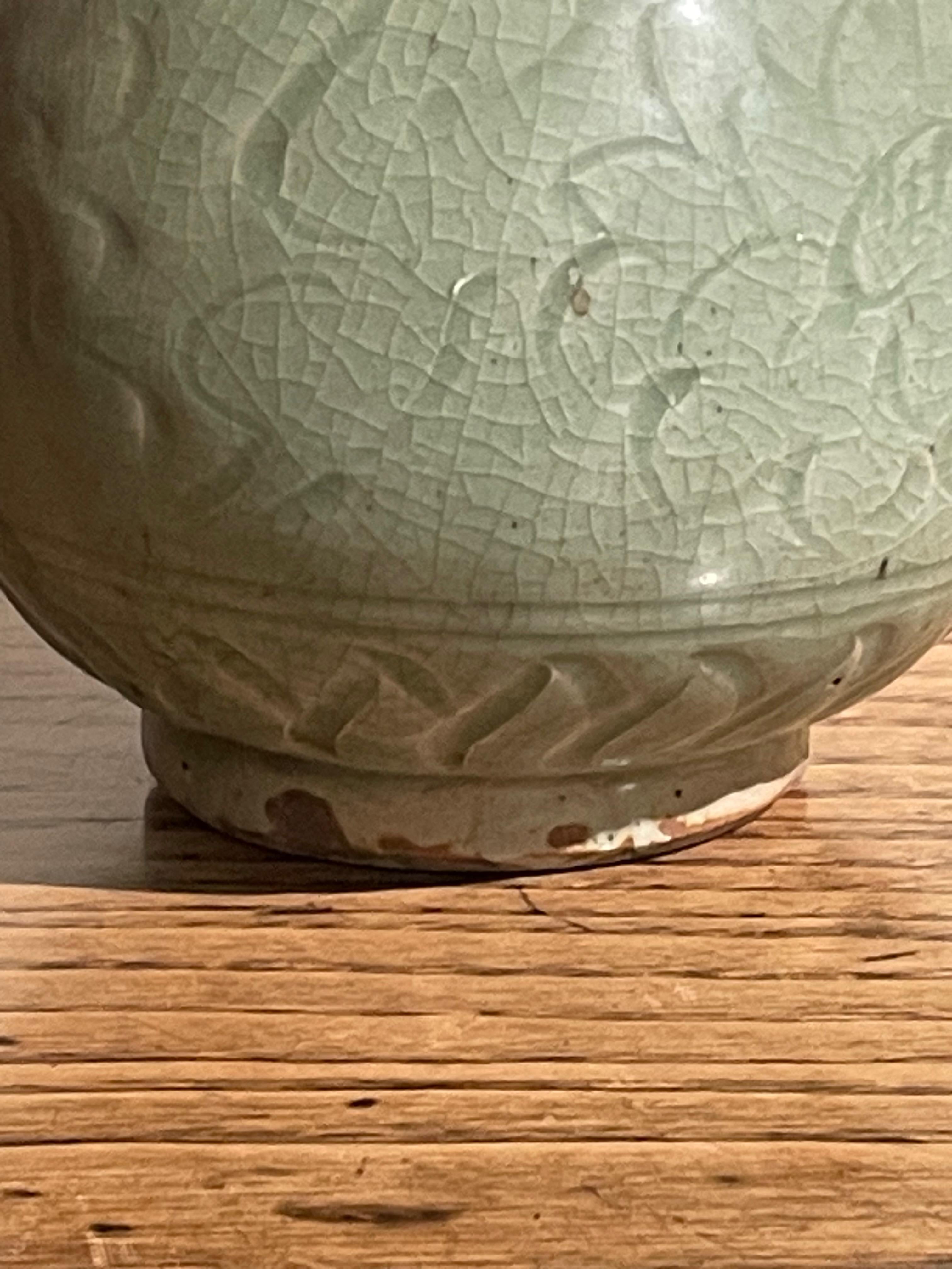 Pale Celedon Decorative Patterned Thin Neck Vase, China, Contemporary In New Condition For Sale In New York, NY