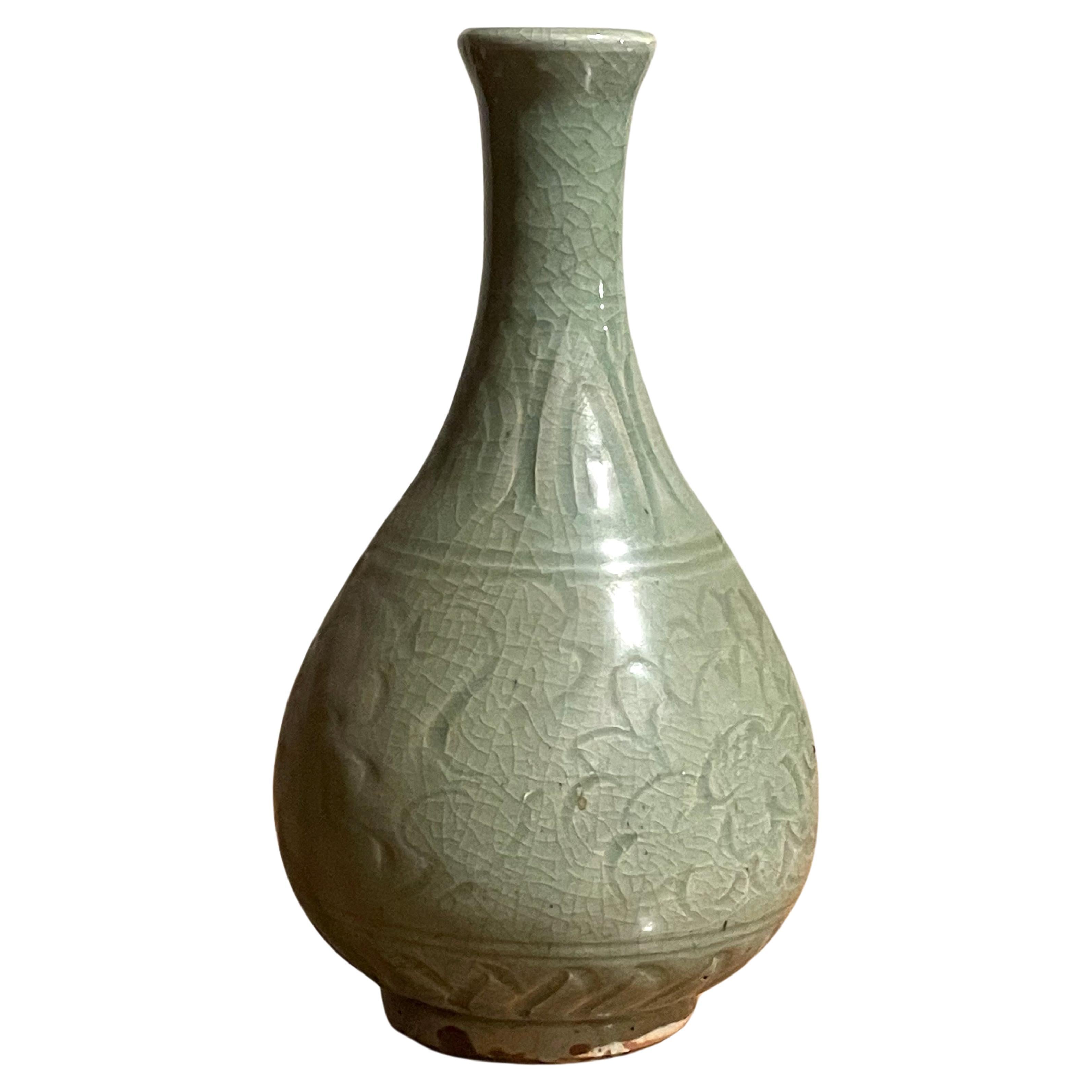 Pale Celedon Decorative Patterned Thin Neck Vase, China, Contemporary For Sale