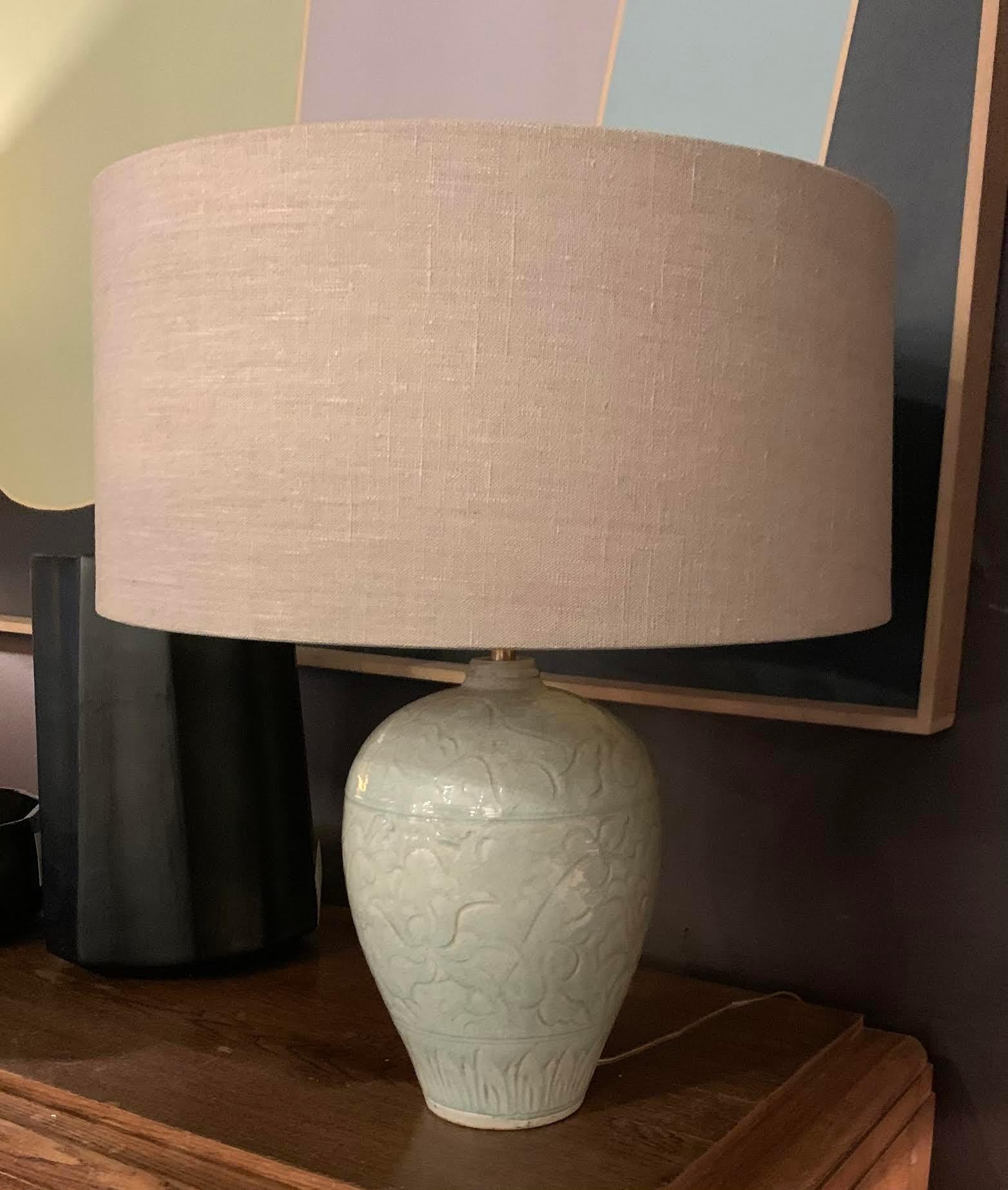 Chinese Pale Celedon Patterned Pair Table Lamps With Shades, Contemporary, China