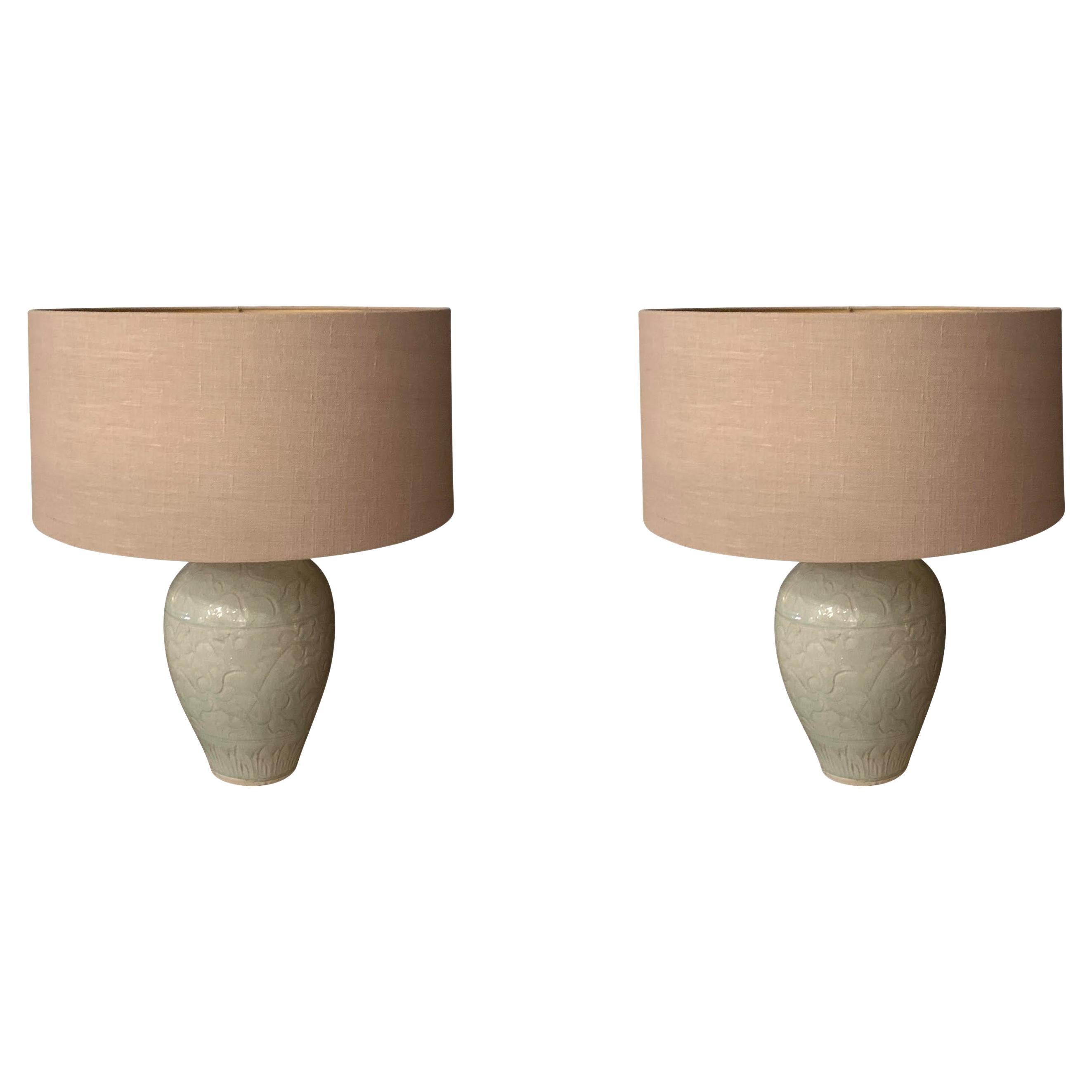 Pale Celedon Patterned Pair Table Lamps With Shades, Contemporary, China