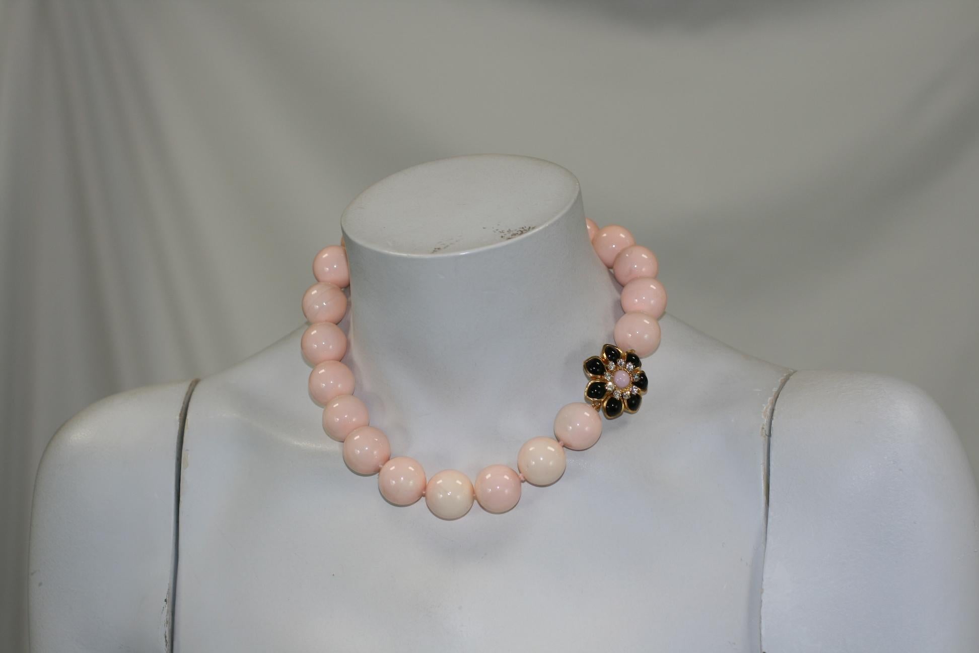 Women's Pale Coral Laquered Mother of Pearl and Poured Glass Zinnia Necklace, MWLC For Sale