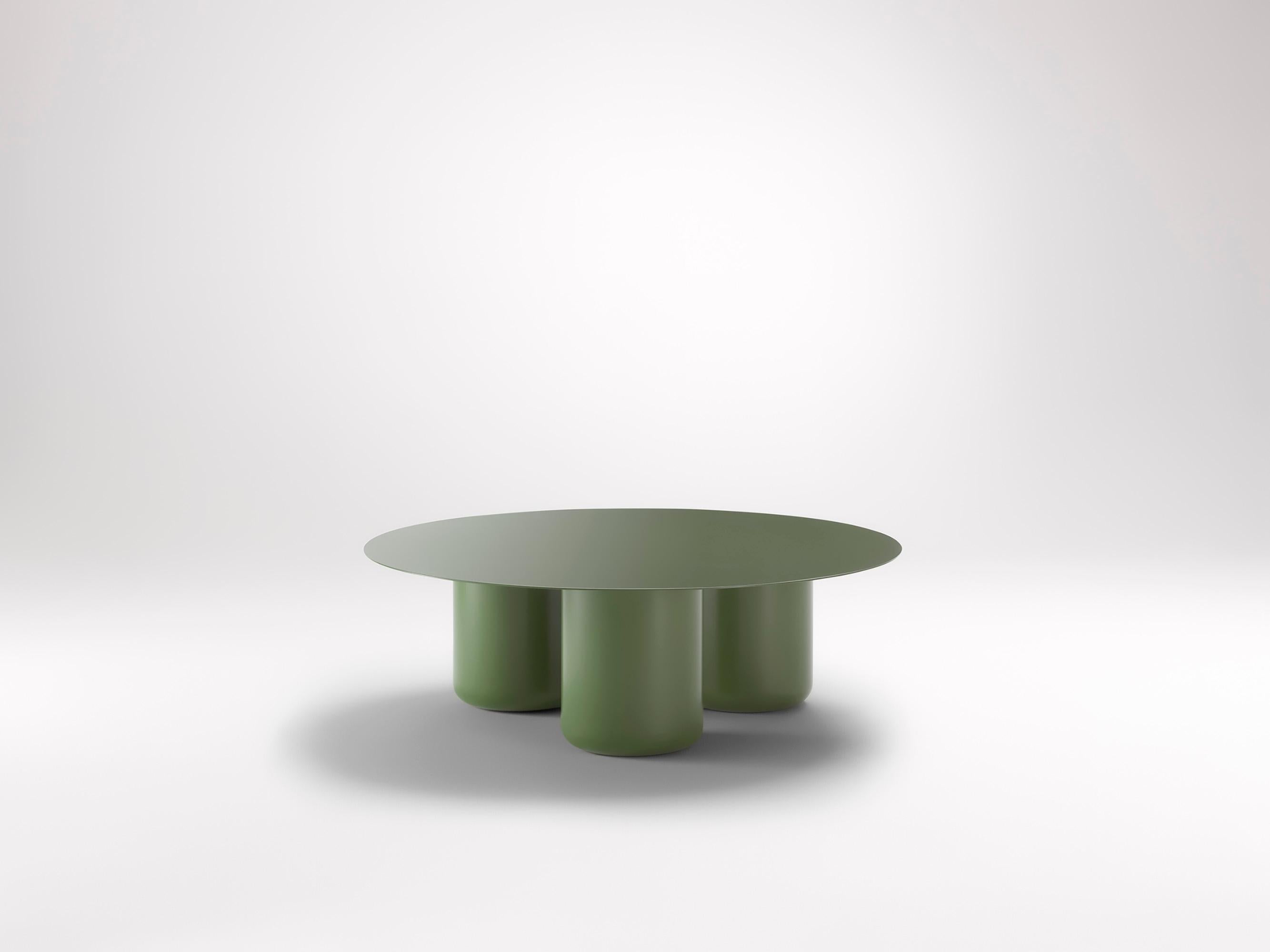 Pale Eucalypt Round Table by Coco Flip
Dimensions: D 100 x H 32 / 36 / 40 / 42 cm
Materials: Mild steel, powder-coated with zinc undercoat. 
Weight: 34 kg

Coco Flip is a Melbourne based furniture and lighting design studio, run by us, Kate Stokes