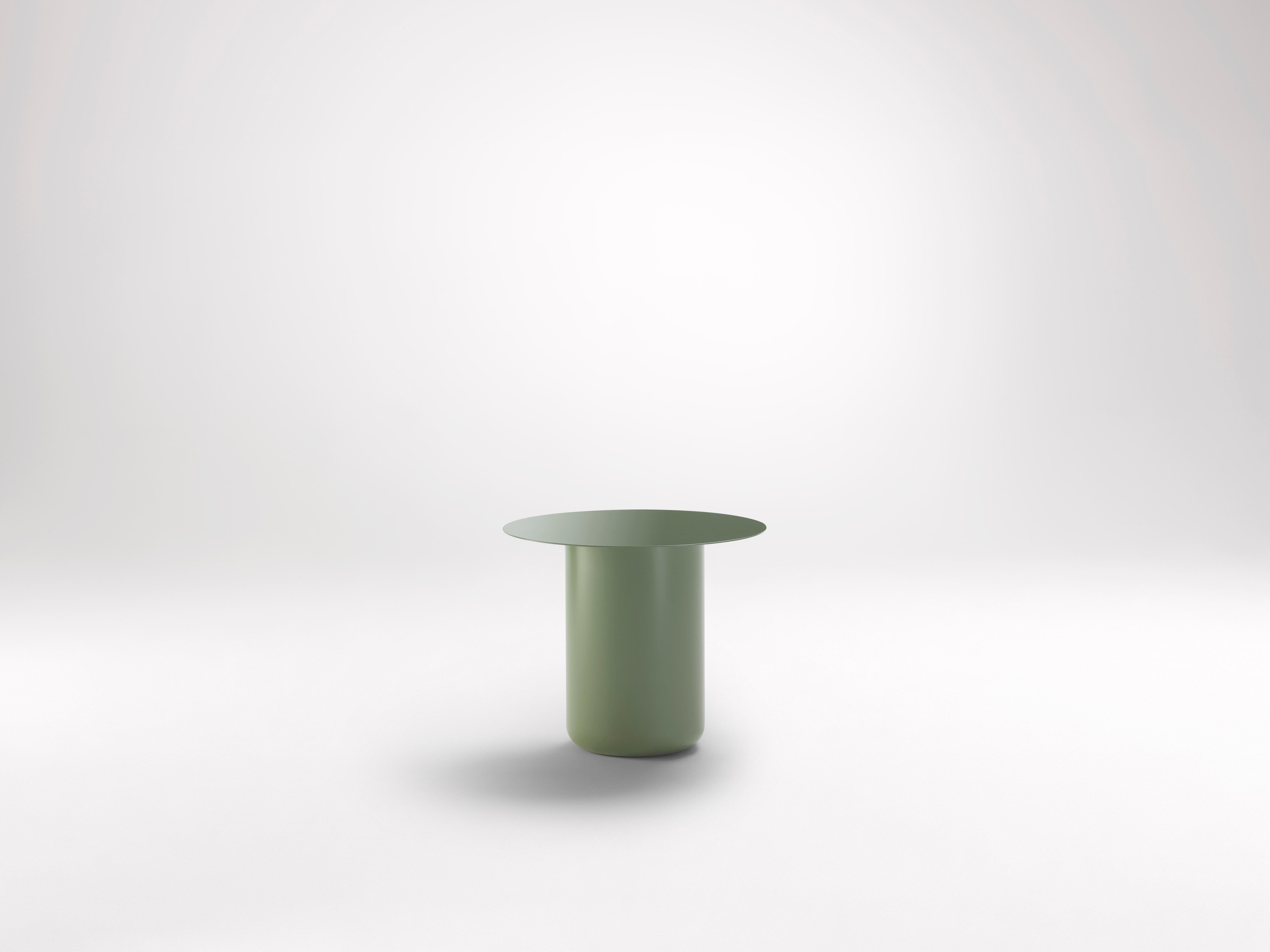 Pale Eucalypt Table 01 by Coco Flip
Dimensions: D 48 x W 48 x H 32 / 36 / 40 / 42 cm
Materials: Mild steel, powder-coated with zinc undercoat. 
Weight: 12kg

Coco Flip is a Melbourne based furniture and lighting design studio, run by us, Kate Stokes