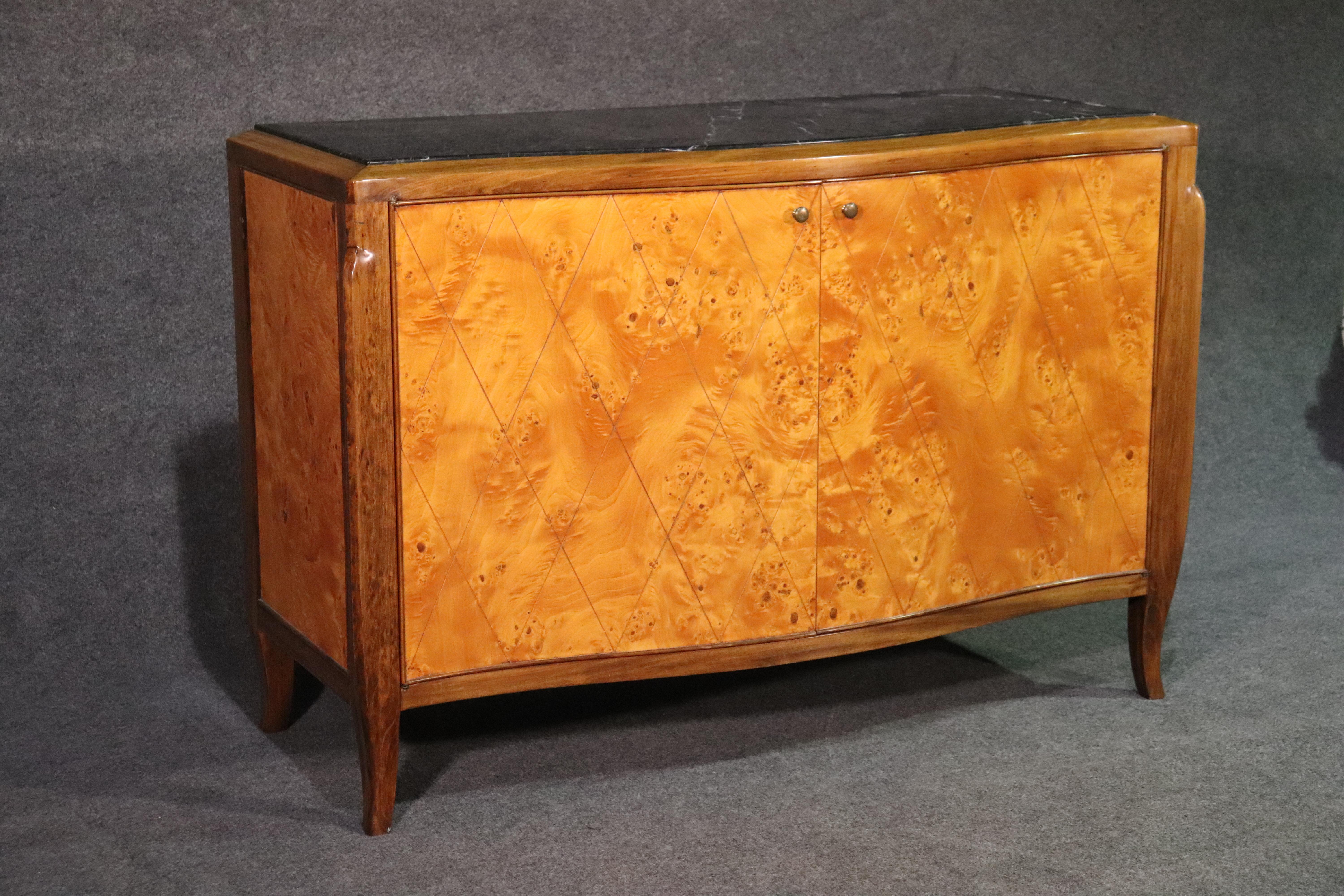 Pale Flame Birch French Art Deco Style Marble Top Sideboard Buffet Server In Good Condition In Swedesboro, NJ