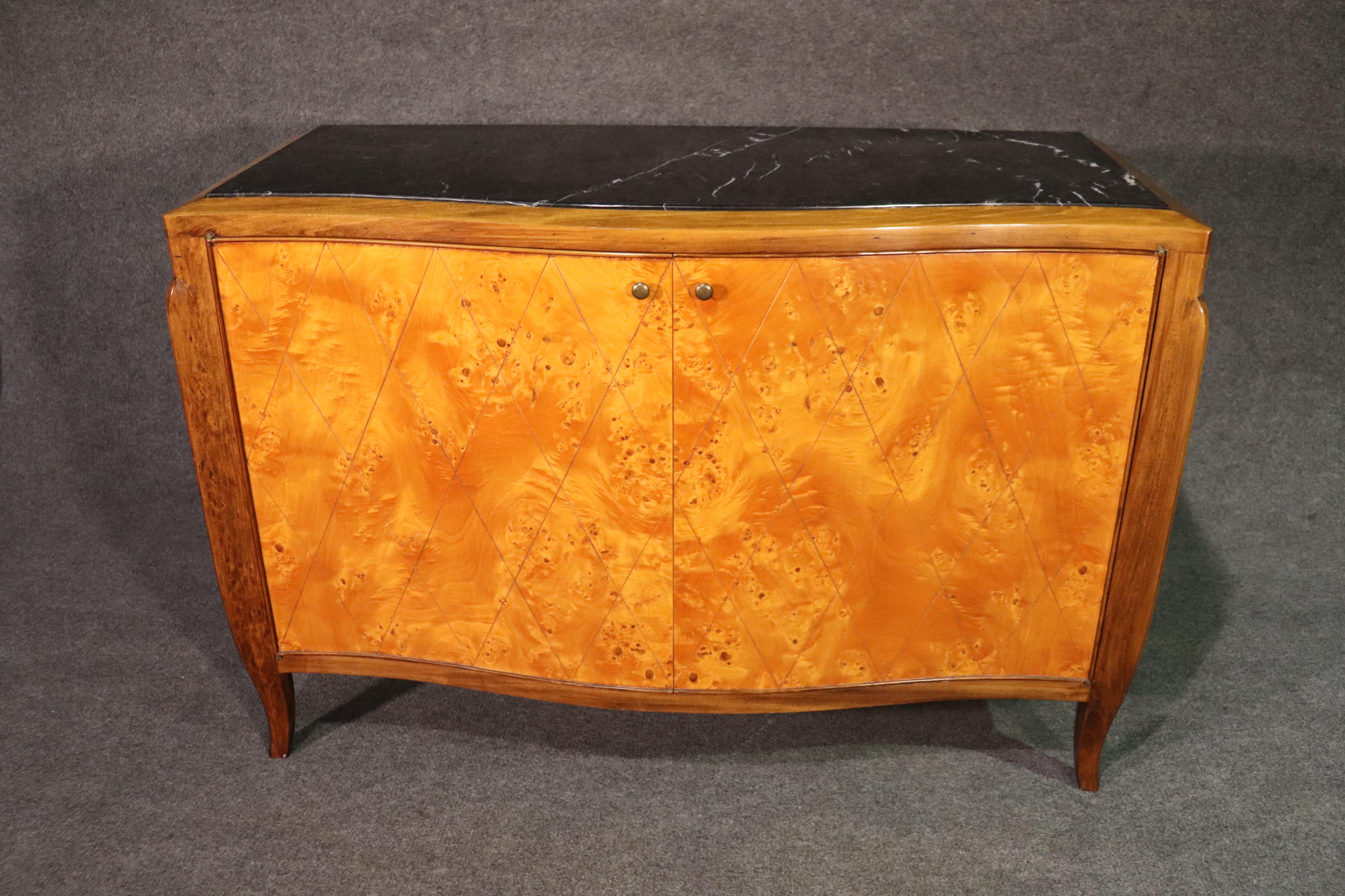 Mid-20th Century Pale Flame Birch French Art Deco Style Marble Top Sideboard Buffet Server