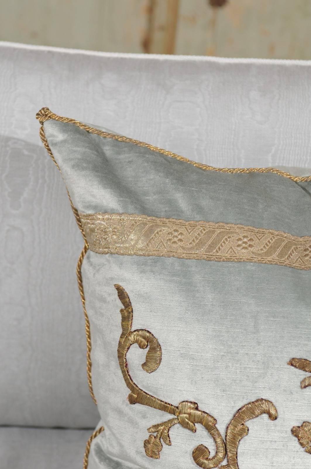 American Pale French Blue Velvet Pillow Made of Ottoman Empire Gold Metallic Embroidery