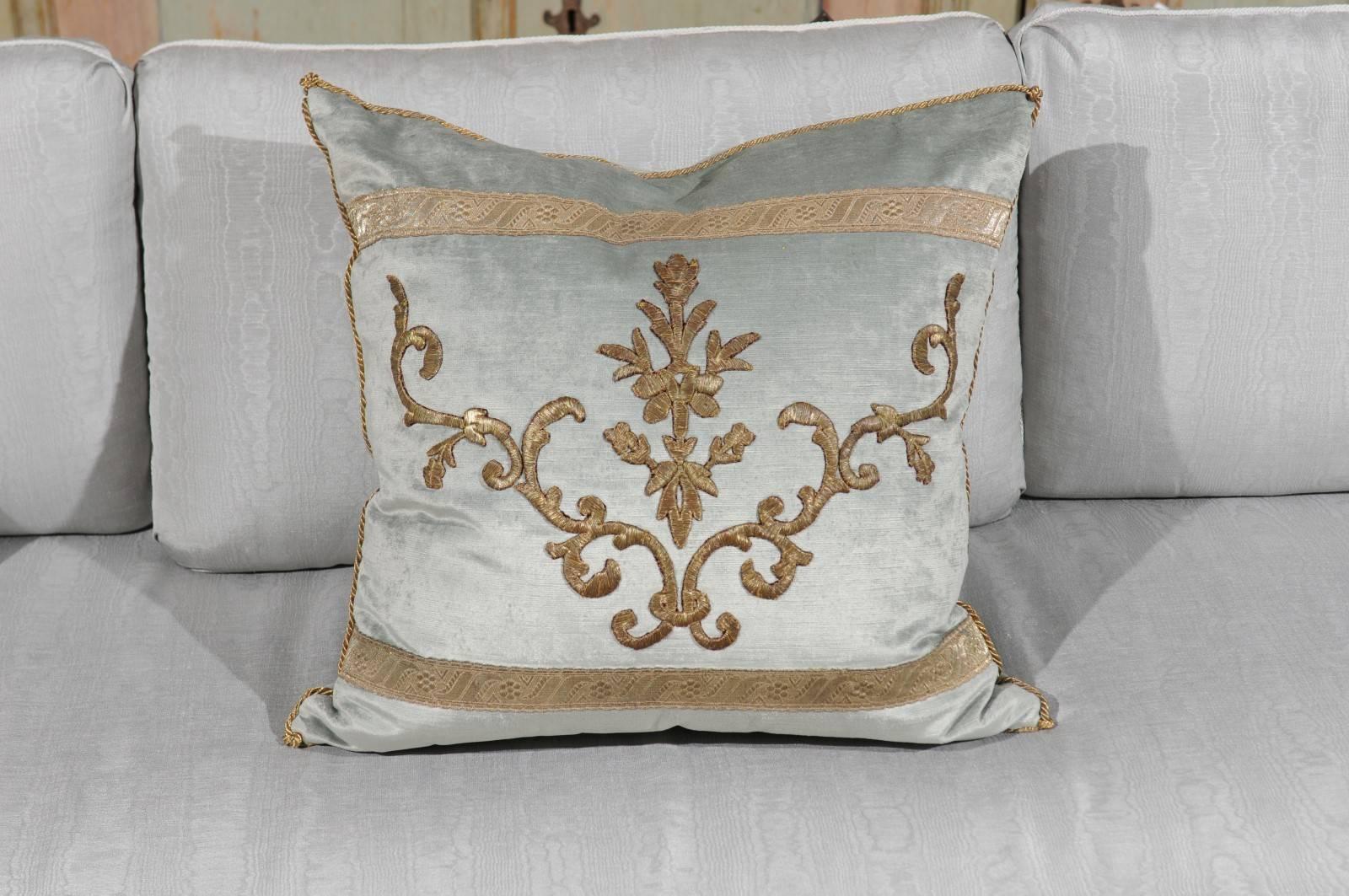 Contemporary Pale French Blue Velvet Pillow Made of Ottoman Empire Gold Metallic Embroidery
