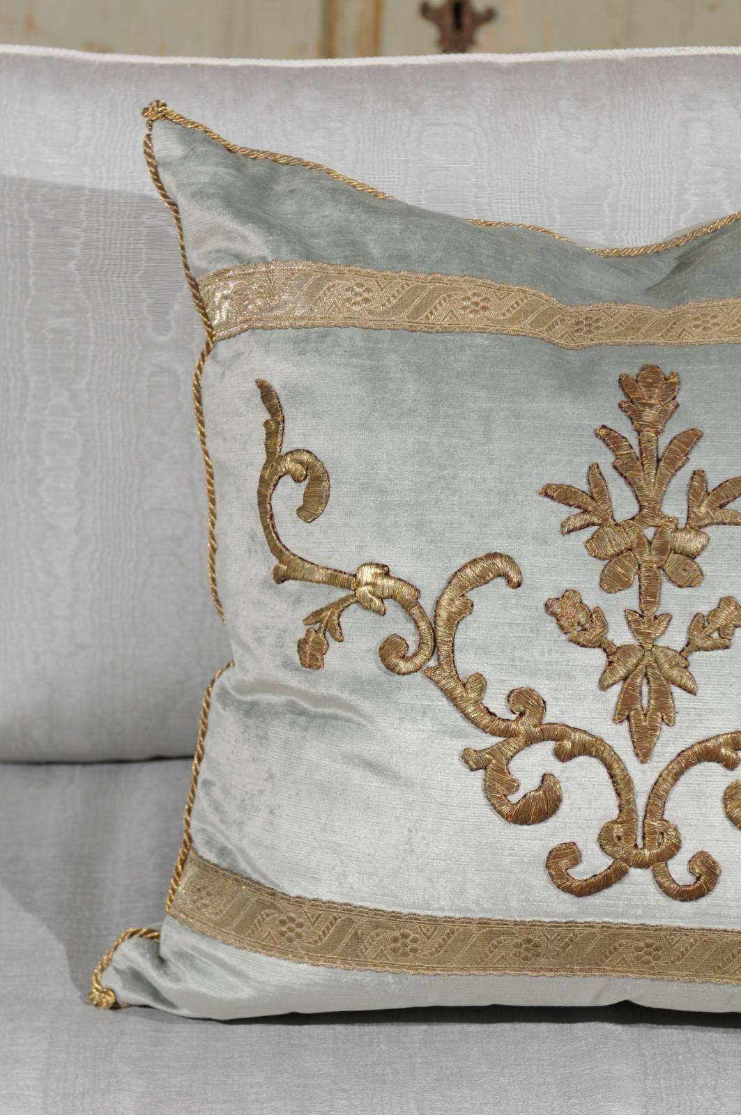 Pale French Blue Velvet Pillow Made of Ottoman Empire Gold Metallic Embroidery 1
