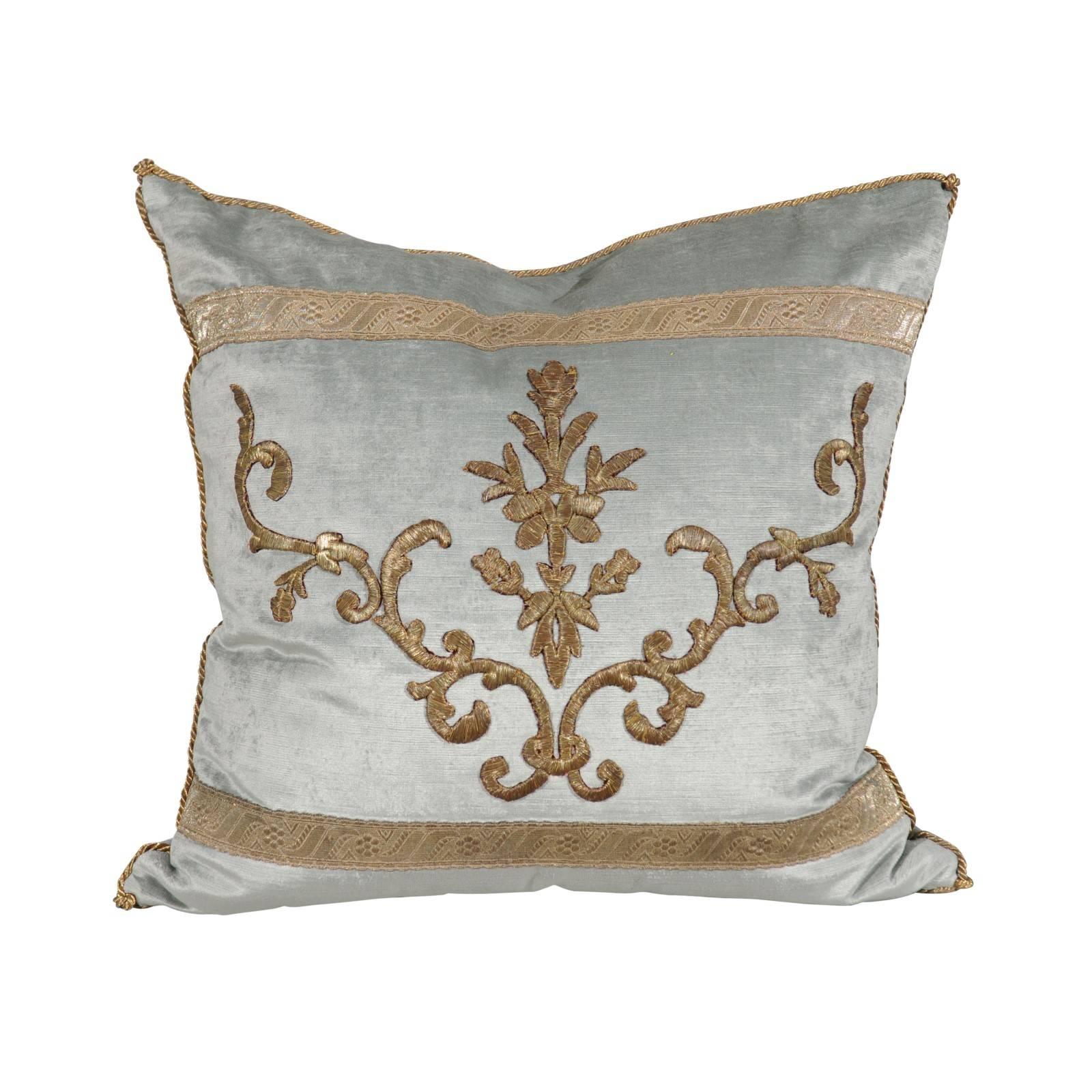 Pale French Blue Velvet Pillow Made of Ottoman Empire Gold Metallic Embroidery