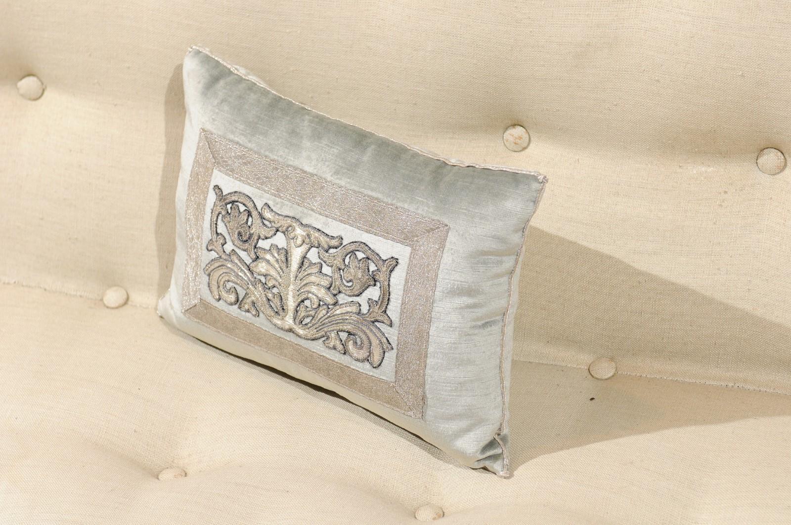 American Pale French Blue Velvet Pillow with Silver Embroidered Appliqué Foliage Décor