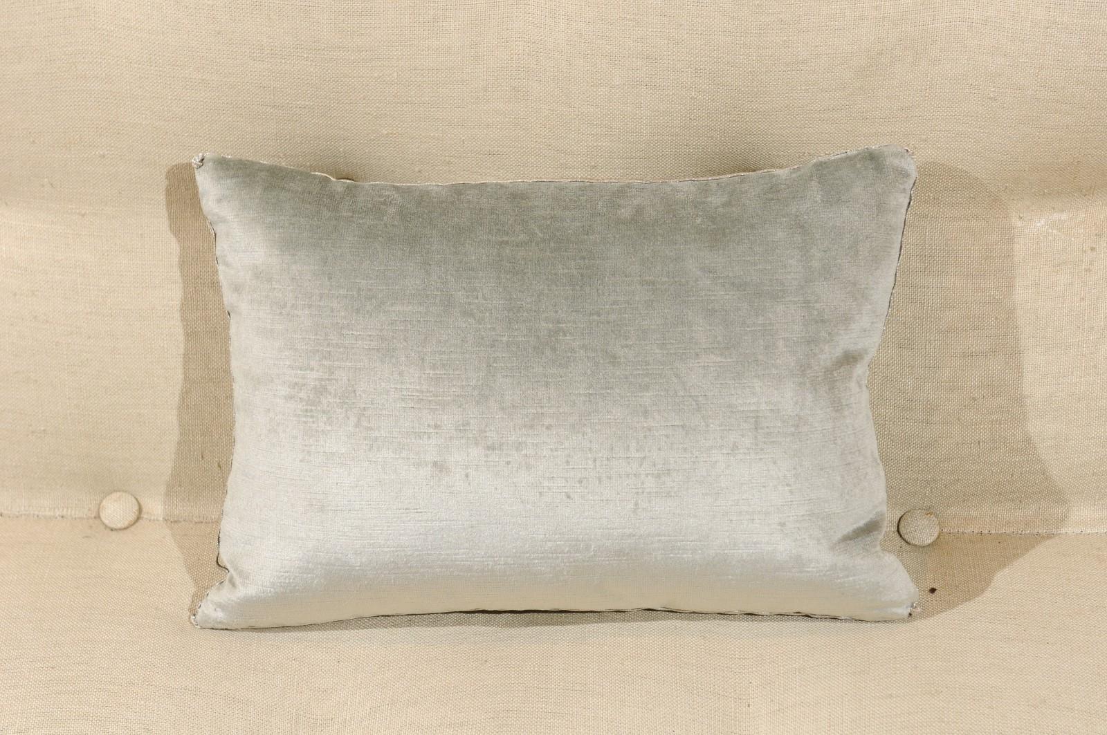 Pale French Blue Velvet Pillow with Silver Embroidered Appliqué Foliage Décor 1