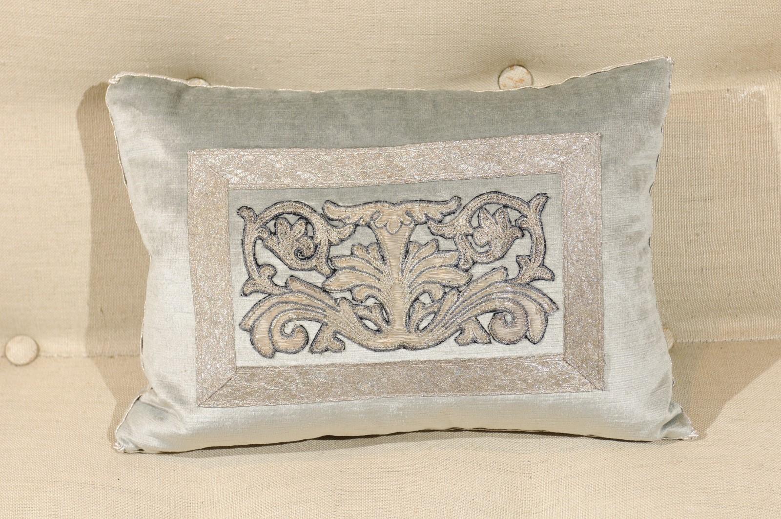 Pale French Blue Velvet Pillow with Silver Embroidered Appliqué Foliage Décor 3