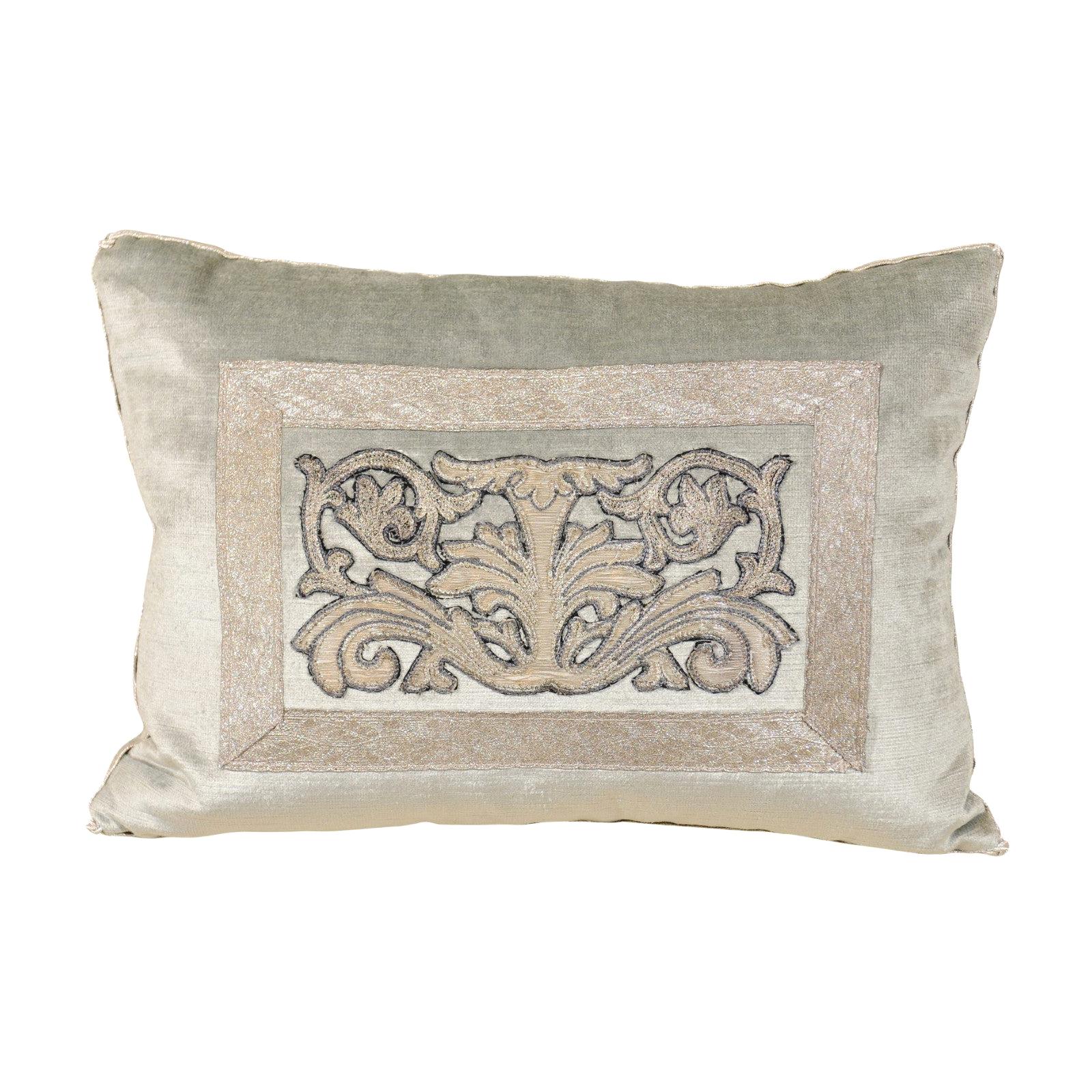 Pale French Blue Velvet Pillow with Silver Embroidered Appliqué Foliage Décor