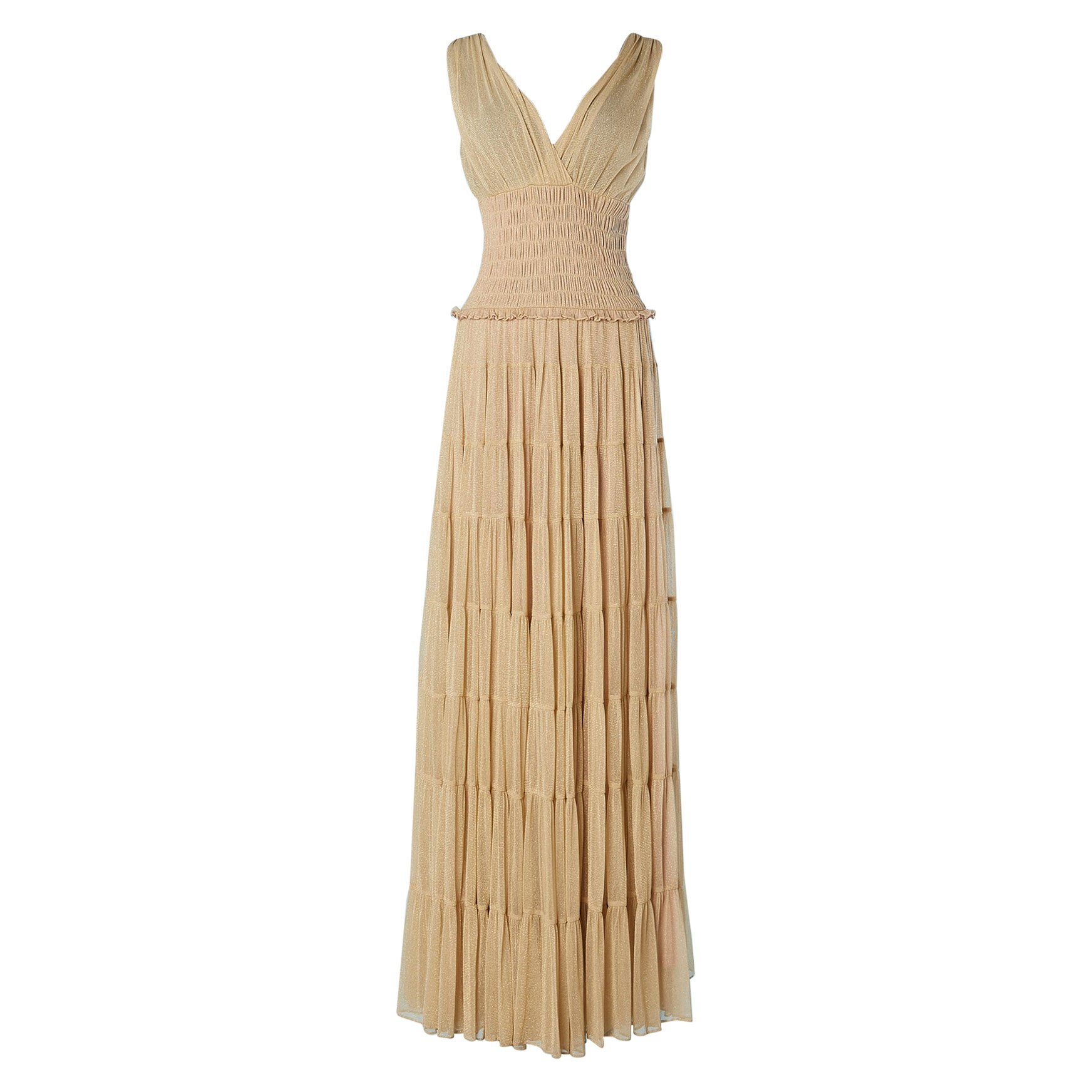 Pale gold jersey lurex evening dress with ruffles Carlo Pignatelli
