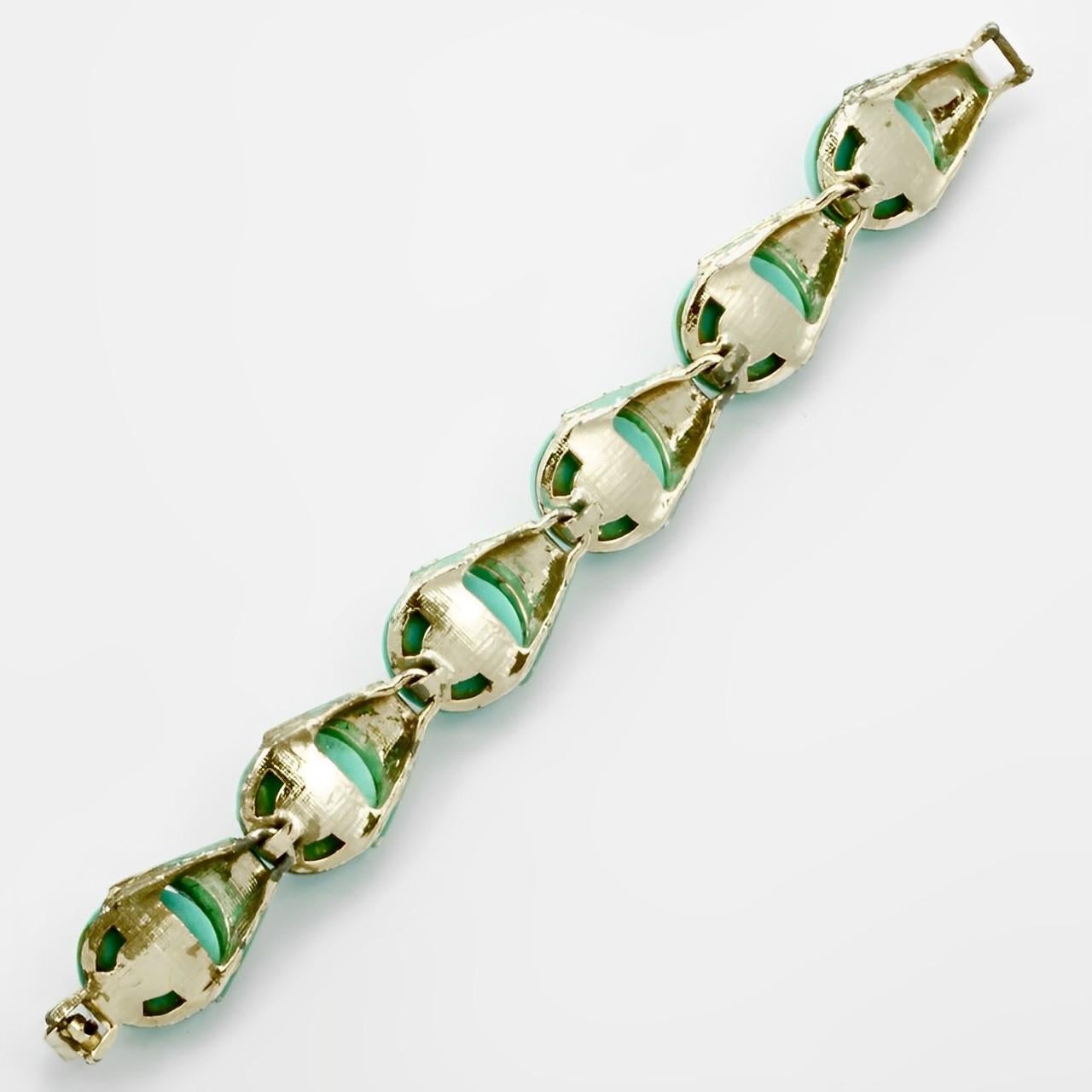Women's or Men's Pale Gold Tone Bracelet with Turquoise Enamel and Lucite Links circa 1960s For Sale