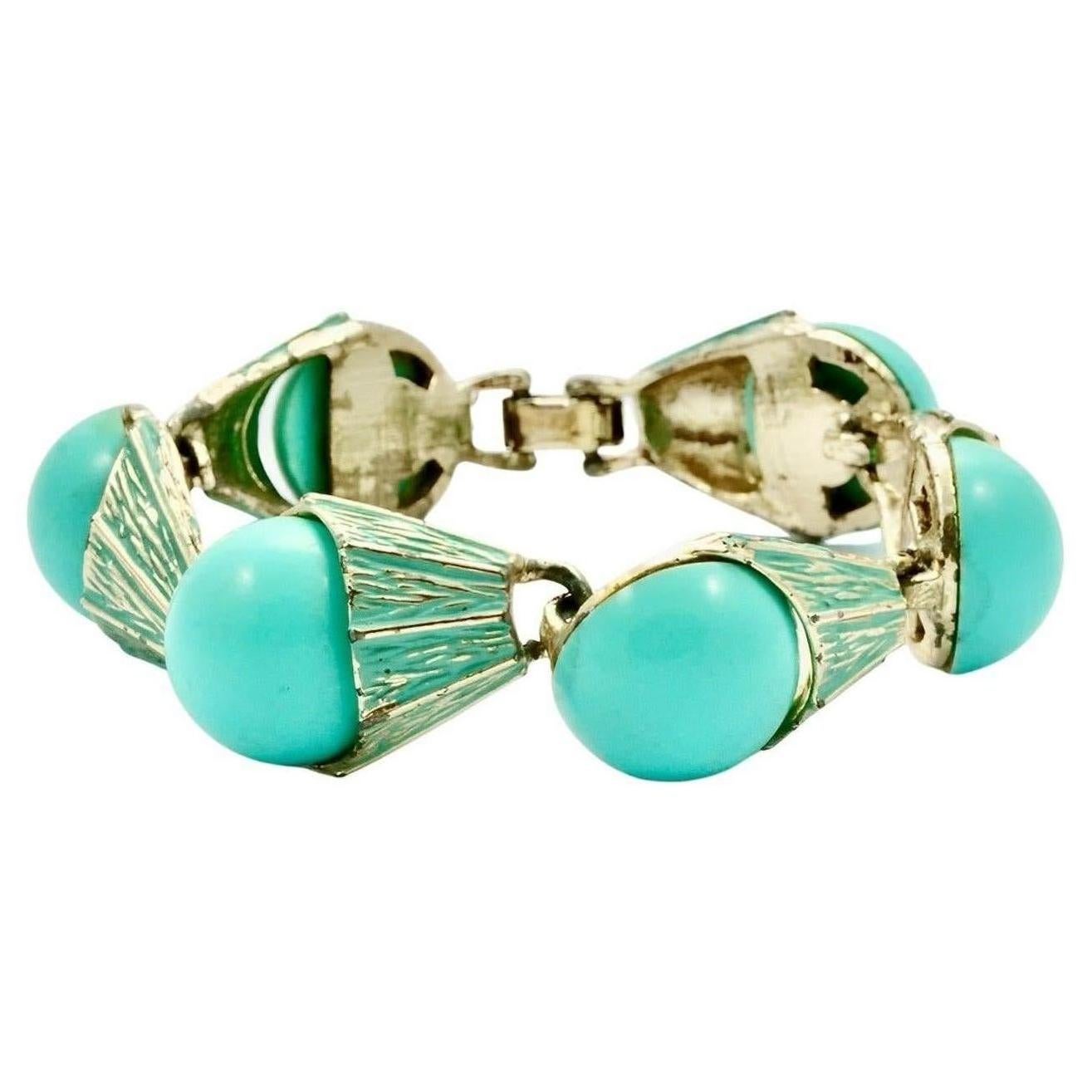 Pale Gold Tone Bracelet with Turquoise Enamel and Lucite Links circa 1960s For Sale