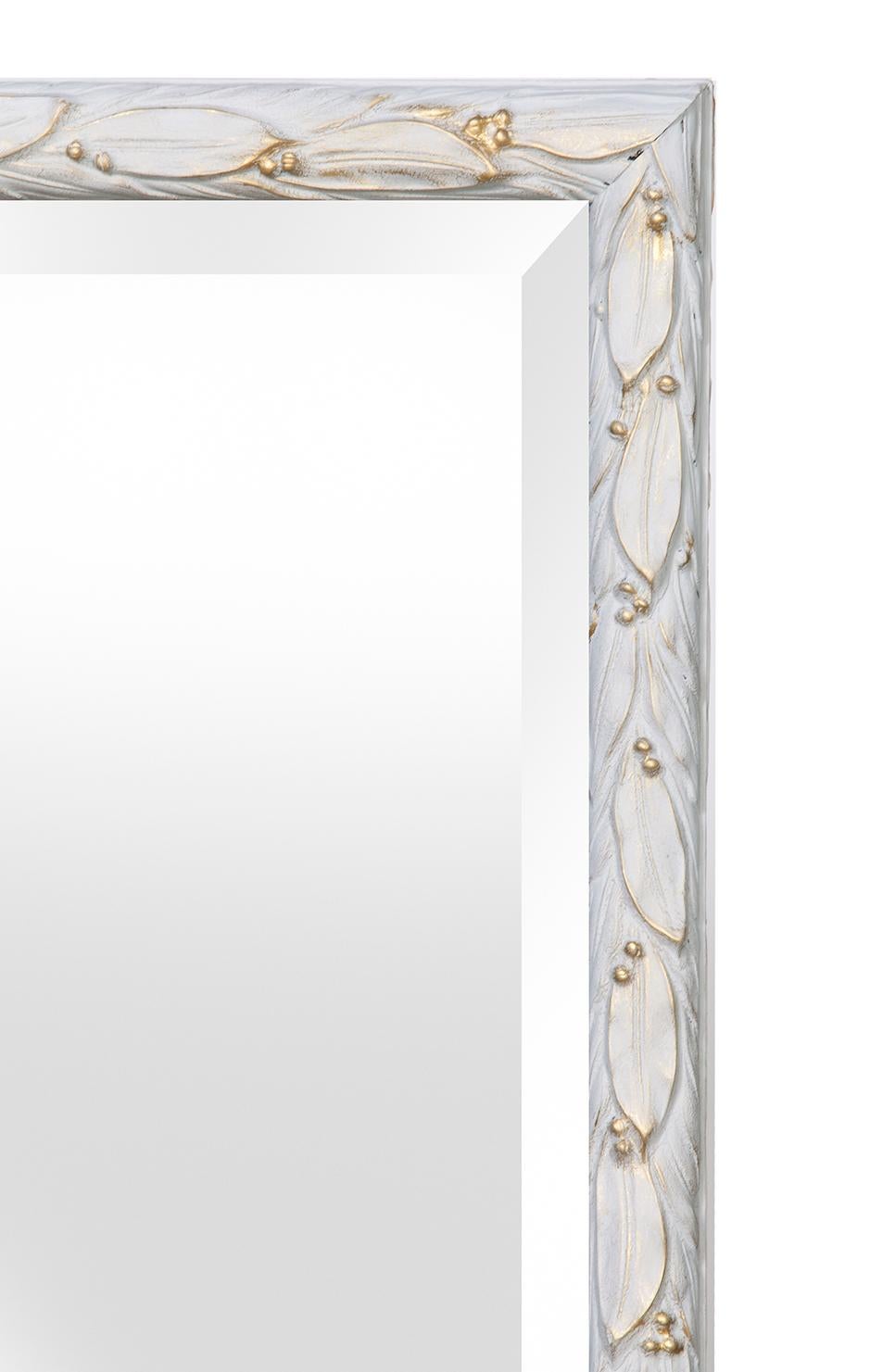 Hardwood Pale Gray Ivory Italian Hand Painted Beveled Mirror For Sale