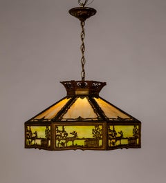 Pale Green-Amber Slag Glass Pendant Light w/ Scenic Trim