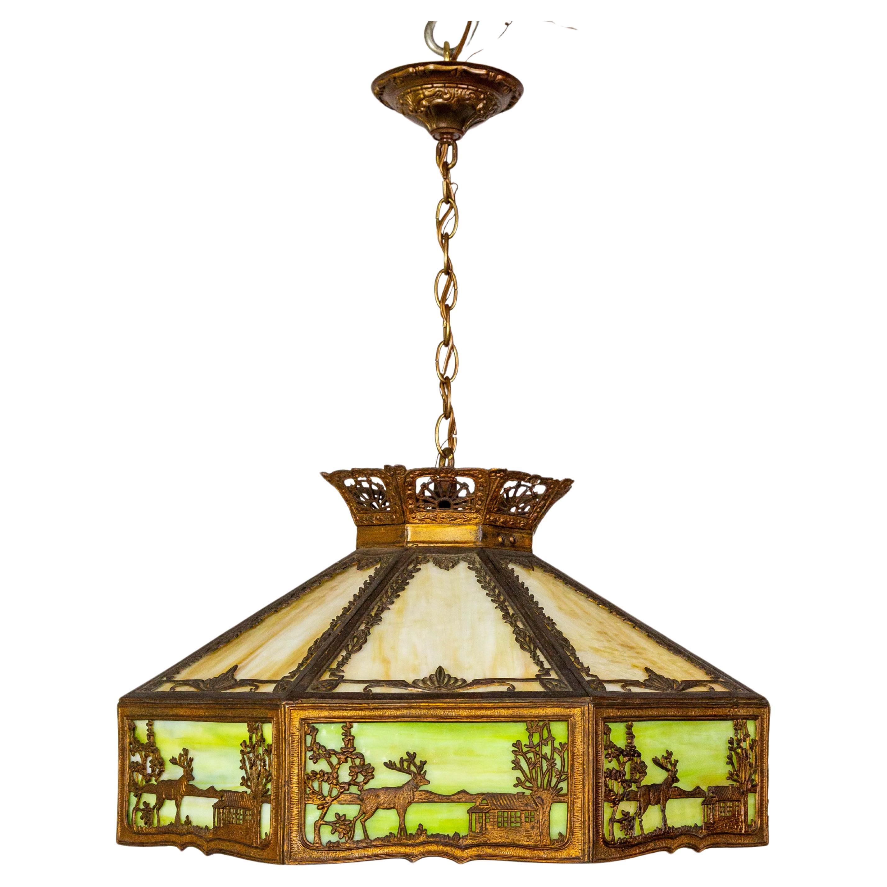Pale Green-Amber Slag Glass Pendant Light w/ Scenic Trim