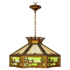 Antique Pale Green-Amber Slag Glass Pendant Light w/ Scenic Trim