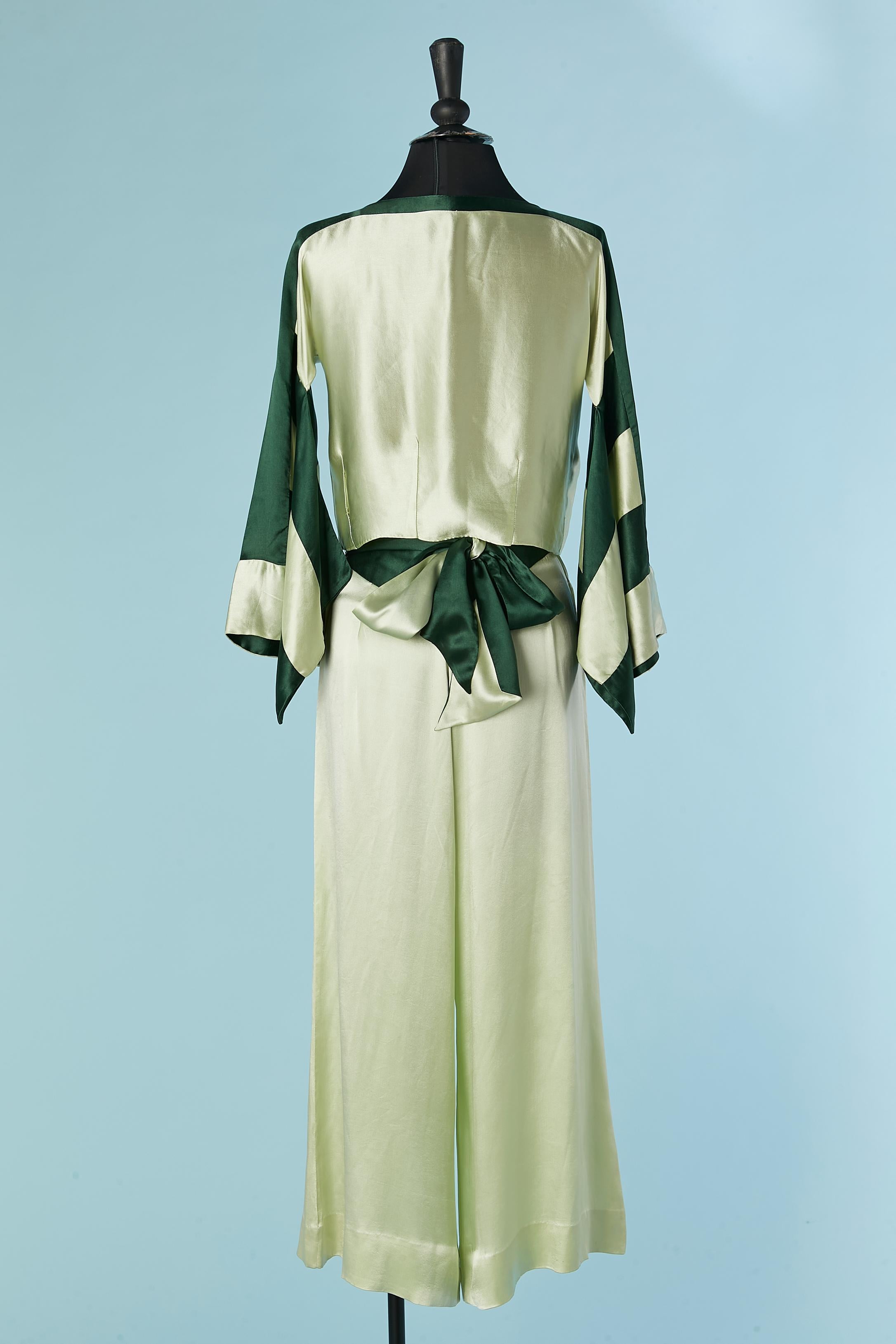Pale green and forest green silk satin pyjamas Chez Suzanne Circa 1930's 2