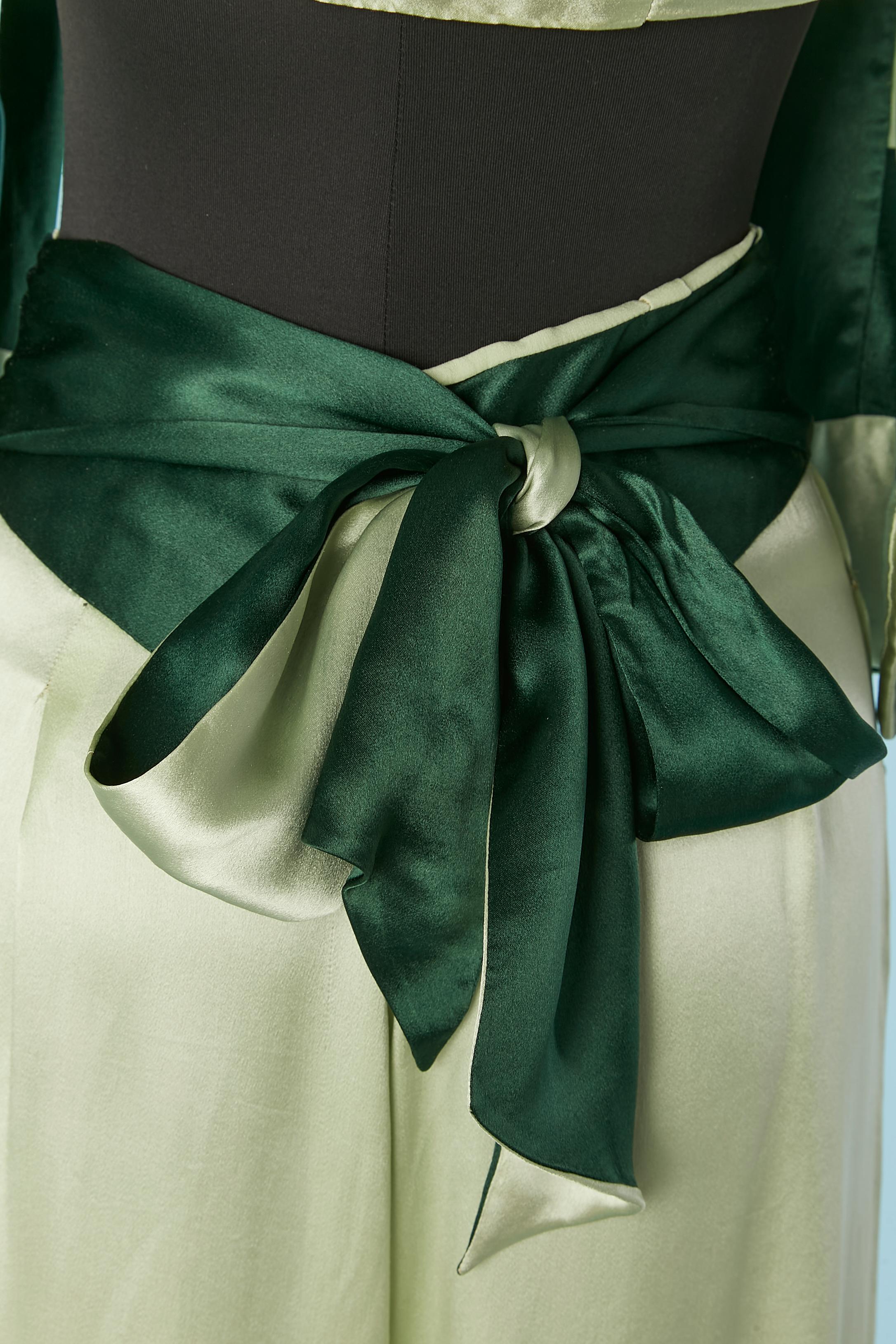 Pale green and forest green silk satin pyjamas Chez Suzanne Circa 1930's 3